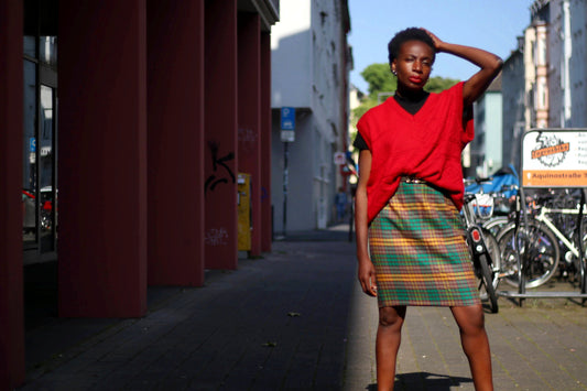 90s Plaid Skirt| Vintage Women's Checkered Green and Orange Skirt| Minimalist Chic Bouclé like Preppy Skirt