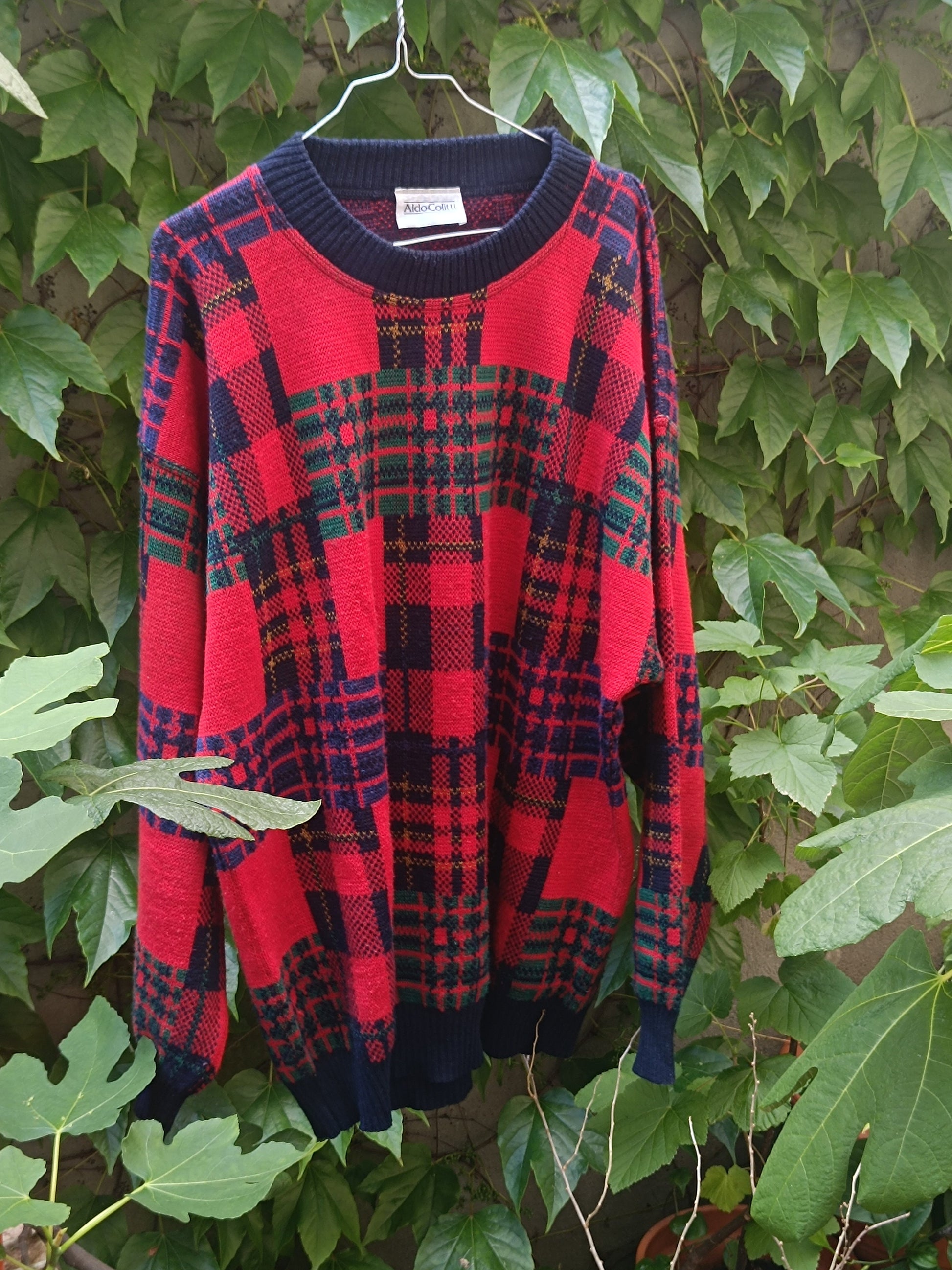 90s Aldo Colitti Sweatshirt| Vintage Red and Black Crewneck Jumper| Minimalist Plaid Long Sleeved Knit