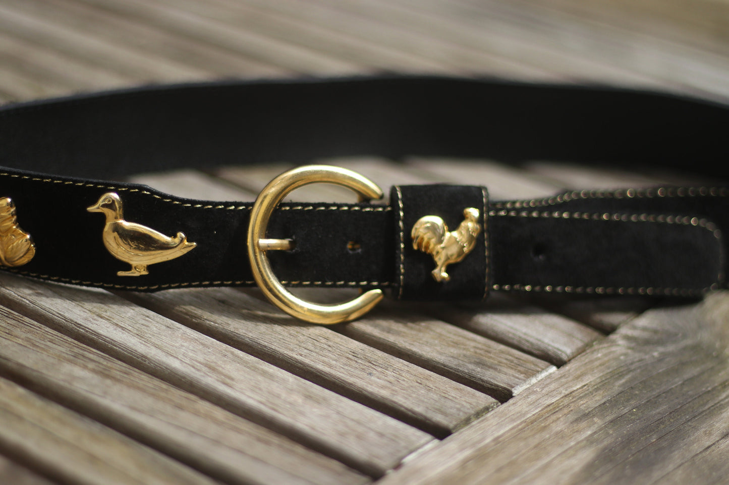 80s Suede Belt| Vintage Black Folkloric Studded Belt | Women's Black Belt with Animal Shaped Studs| Whimsical Belt with Farm Animal Charms
