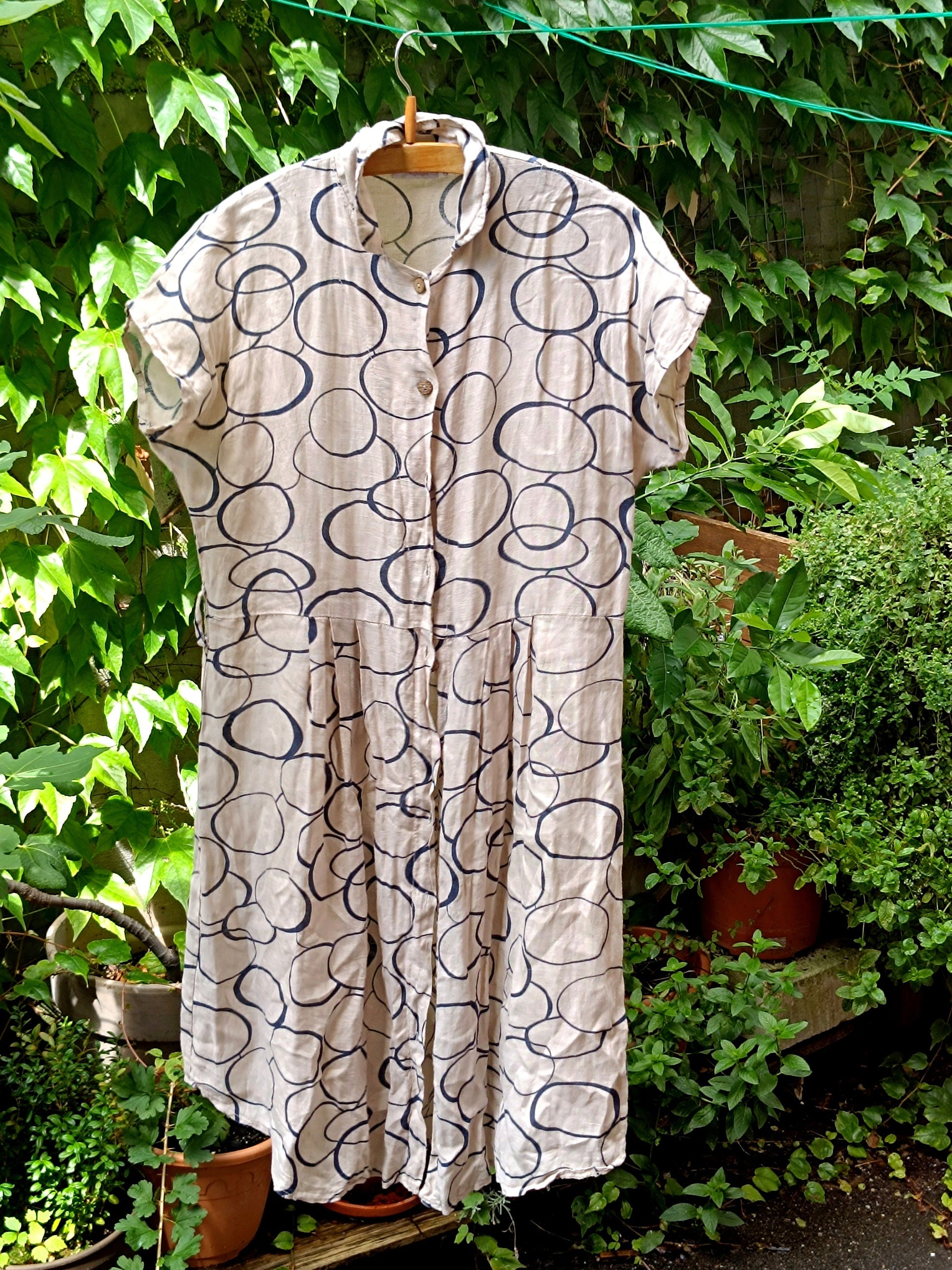90s Abstract Print Dress| Vintage Summer Dress| Cream Circle Print Midi Dress| Women's Maximalist Hipster Design