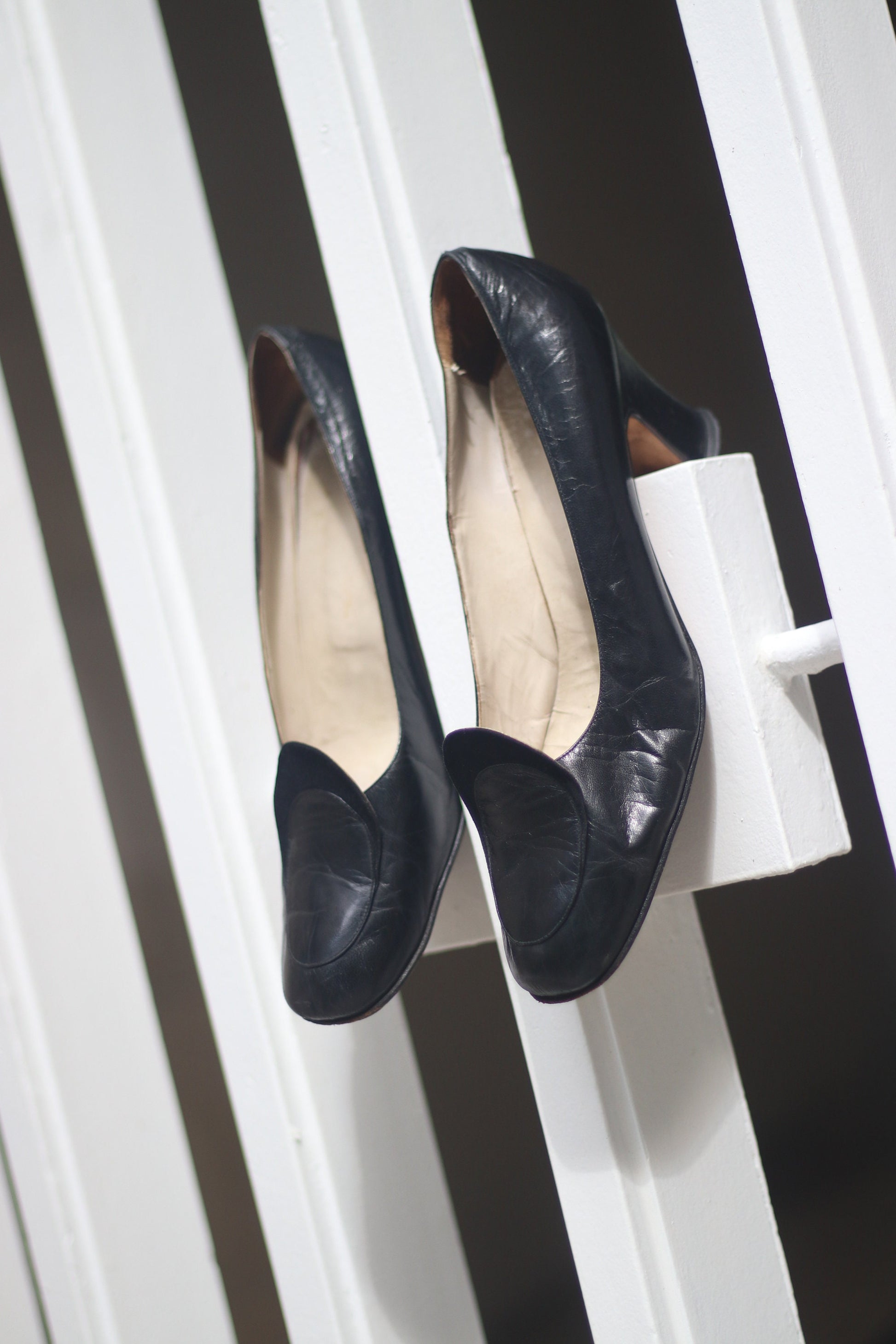 60s black leather pumps| Vintage chic high heels| Sleek glamourous shoes