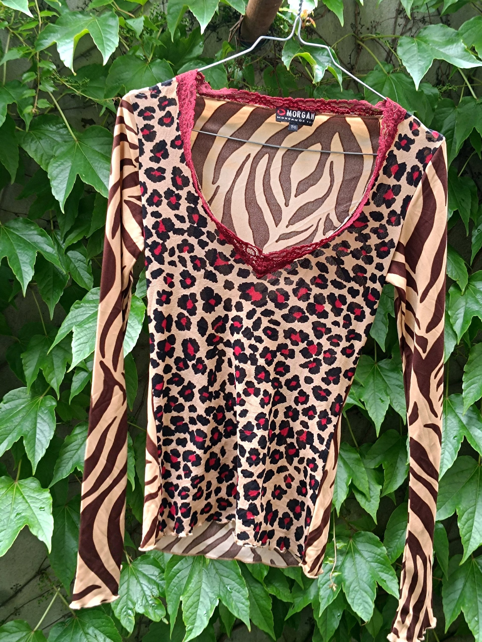 y2k Morgan Du Toi Animal Print Blouse | Vintage Leo Print Top| Brown Lightweight Sexy Shirt