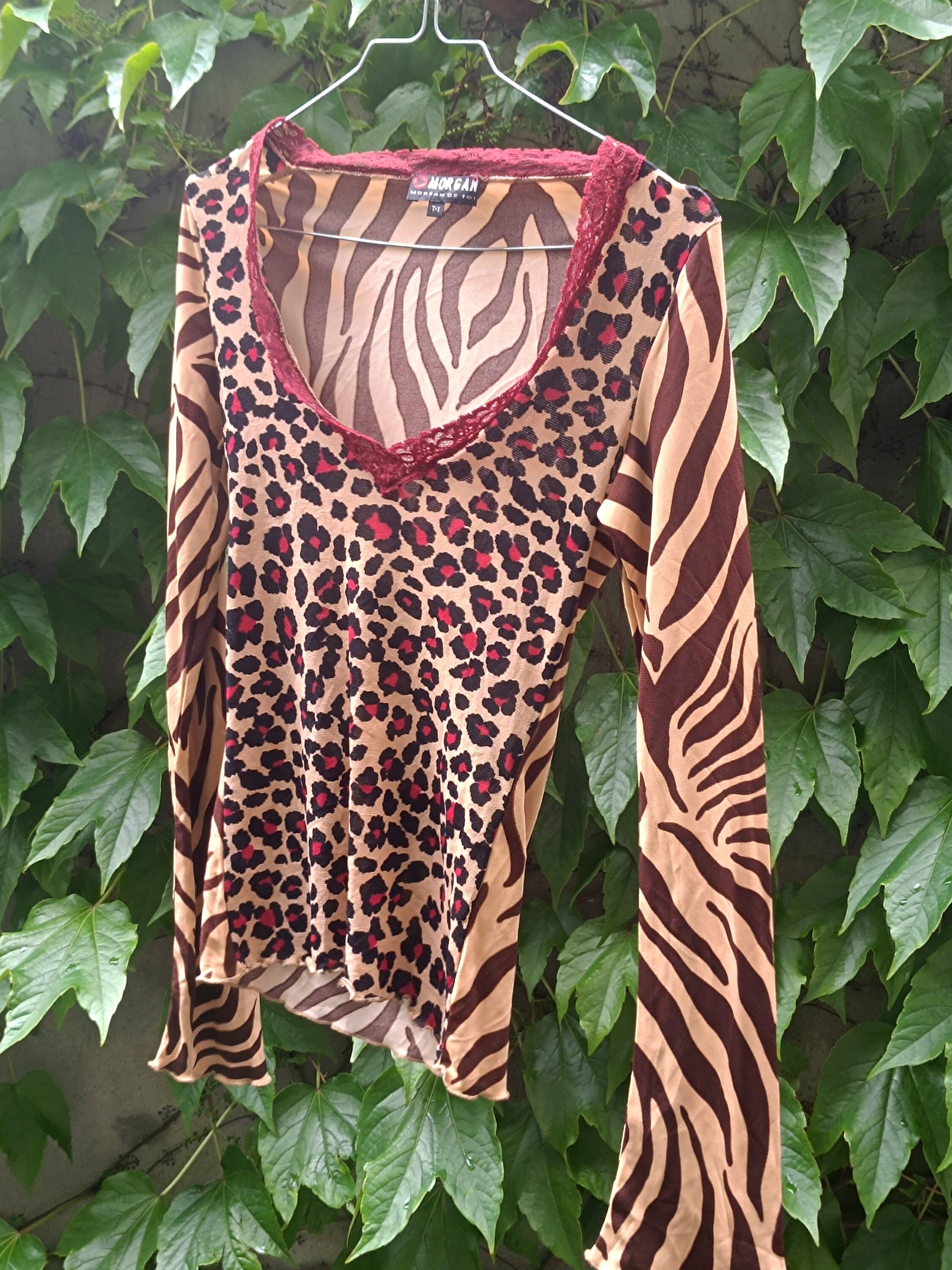 y2k Morgan Du Toi Animal Print Blouse | Vintage Leo Print Top| Brown Lightweight Sexy Shirt