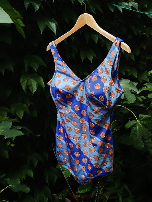 70s Leaf Print Swimming Suit| Vintage Quirky Print One Piece Beachwear| Blue Whimsical Plus Size Bathing Suit