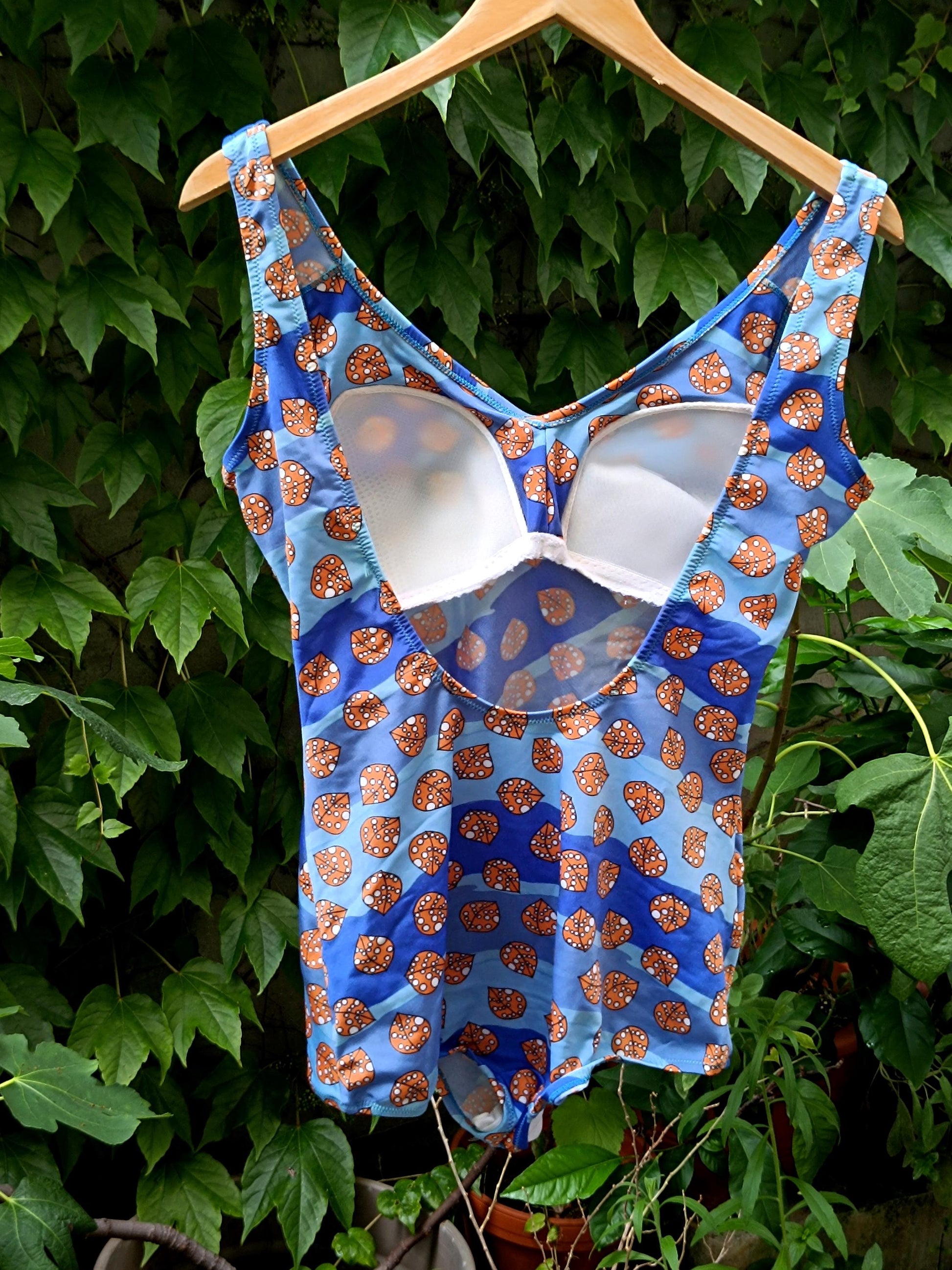 70s Leaf Print Swimming Suit| Vintage Quirky Print One Piece Beachwear| Blue Whimsical Plus Size Bathing Suit