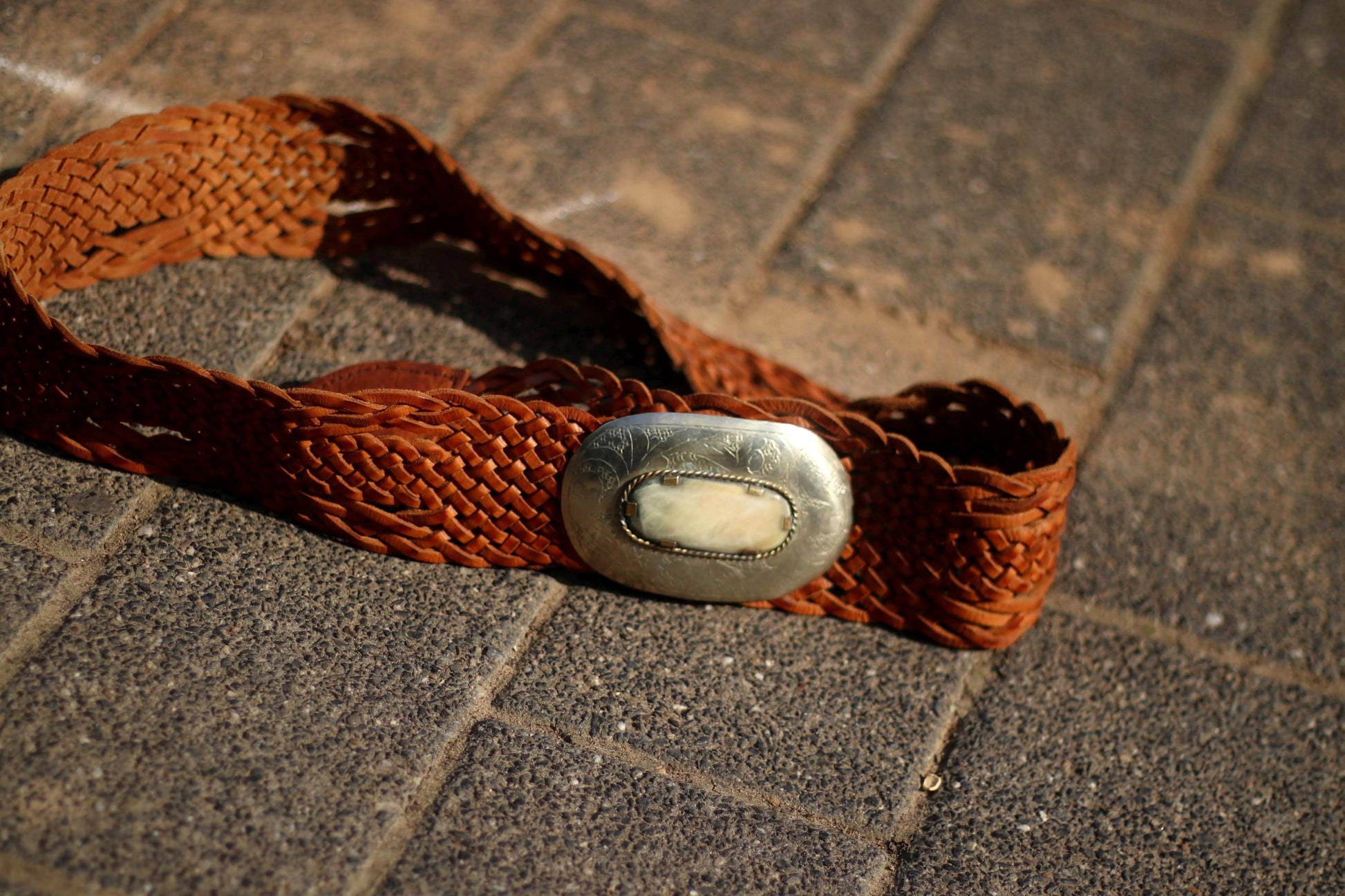 70s Leather Belt | Vintage Brown Woven Belt | Women's Silver-toned Round-Buckled Bohemian Belt