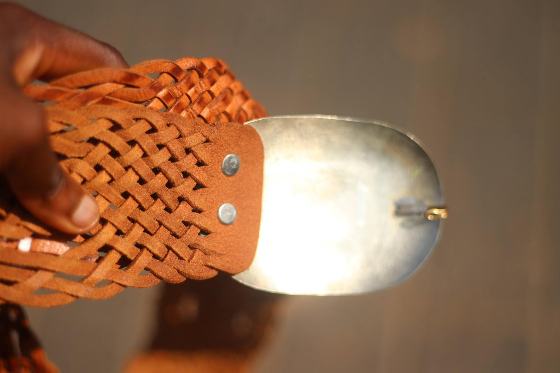 70s Leather Belt | Vintage Brown Woven Belt | Women's Silver-toned Round-Buckled Bohemian Belt