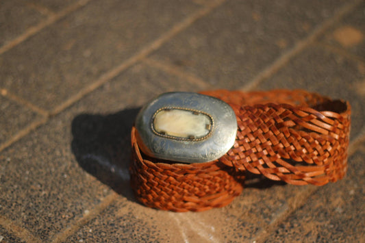 70s Leather Belt | Vintage Brown Woven Belt | Women's Silver-toned Round-Buckled Bohemian Belt