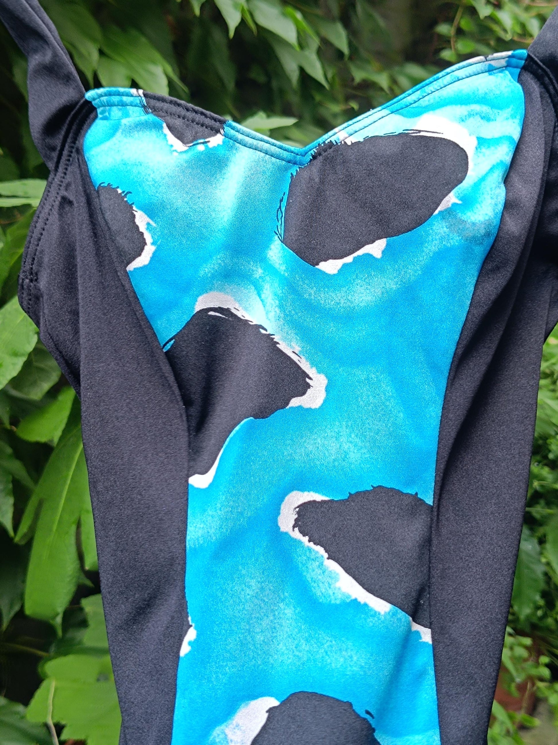 80s Vintage One Piece Swimsuit: Blue Abstract Print Beachwear