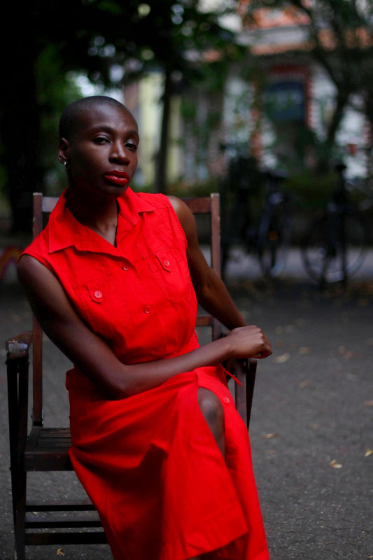 90s Minimalist Dress| Vintage Red Feminine Sleeveless Design | C&A Women's Cotton Midi Dress|