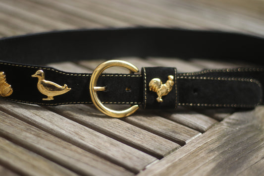 80s Suede Belt| Vintage Black Folkloric Studded Belt | Women's Black Belt with Animal Shaped Studs| Whimsical Belt with Farm Animal Charms
