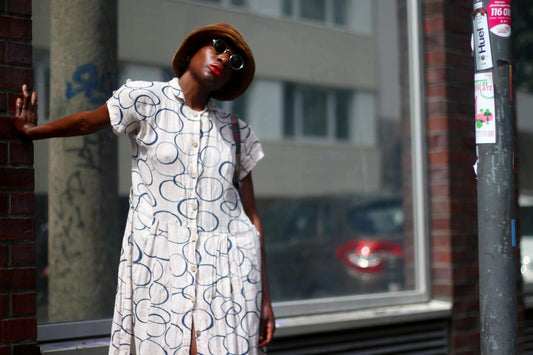 90s Abstract Print Dress| Vintage Summer Dress| Cream Circle Print Midi Dress| Women's Maximalist Hipster Design