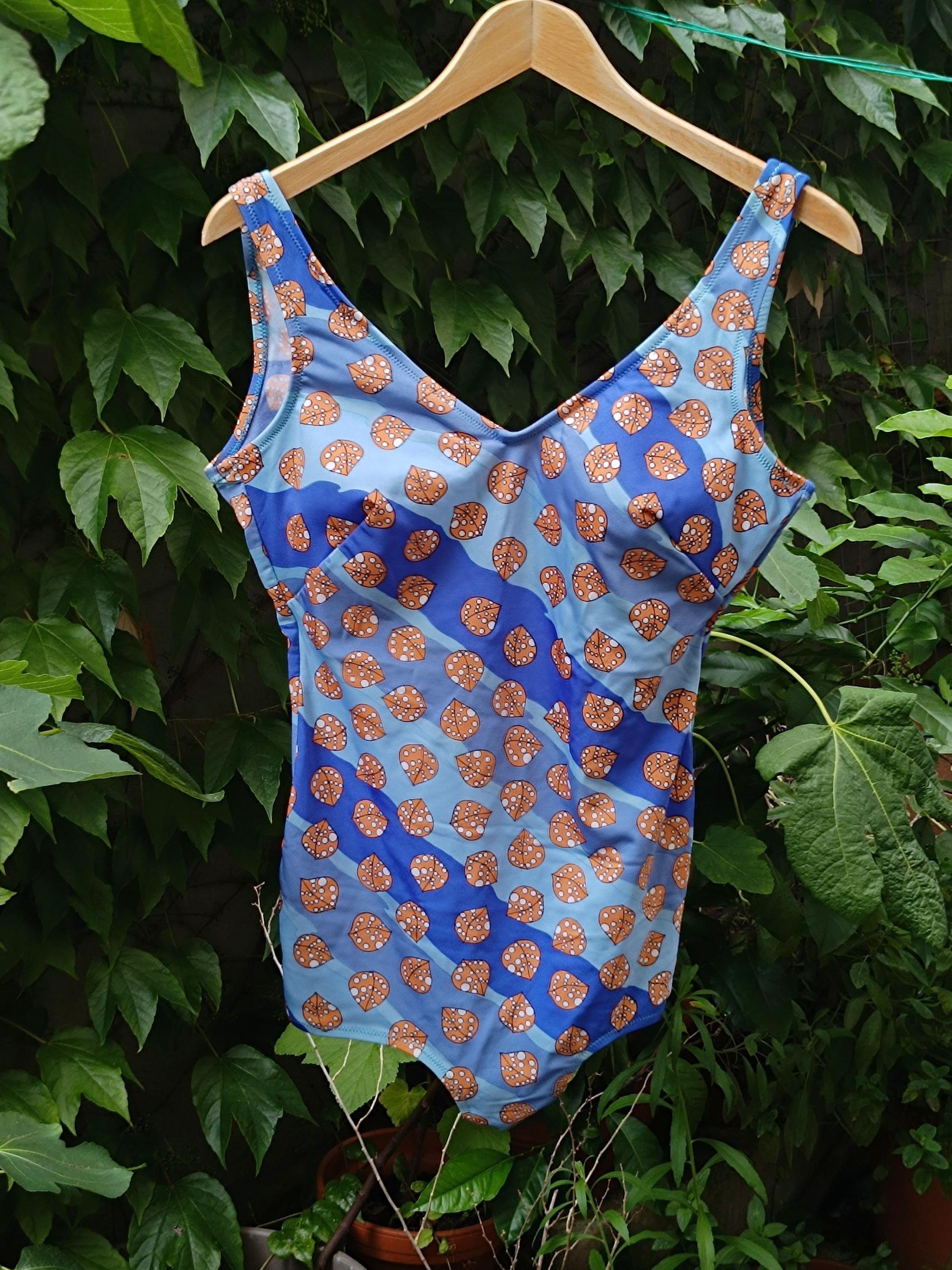 70s Leaf Print Swimming Suit| Vintage Quirky Print One Piece Beachwear| Blue Whimsical Plus Size Bathing Suit