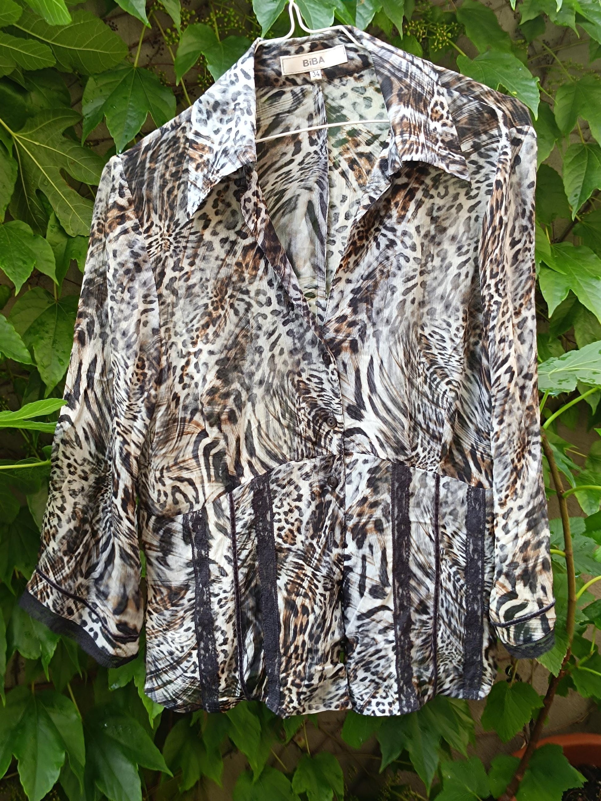 y2k Maximalist BiBA Blouse | Vintage Women's Animal Print Shirt | Brown Leo print Boho Blouse