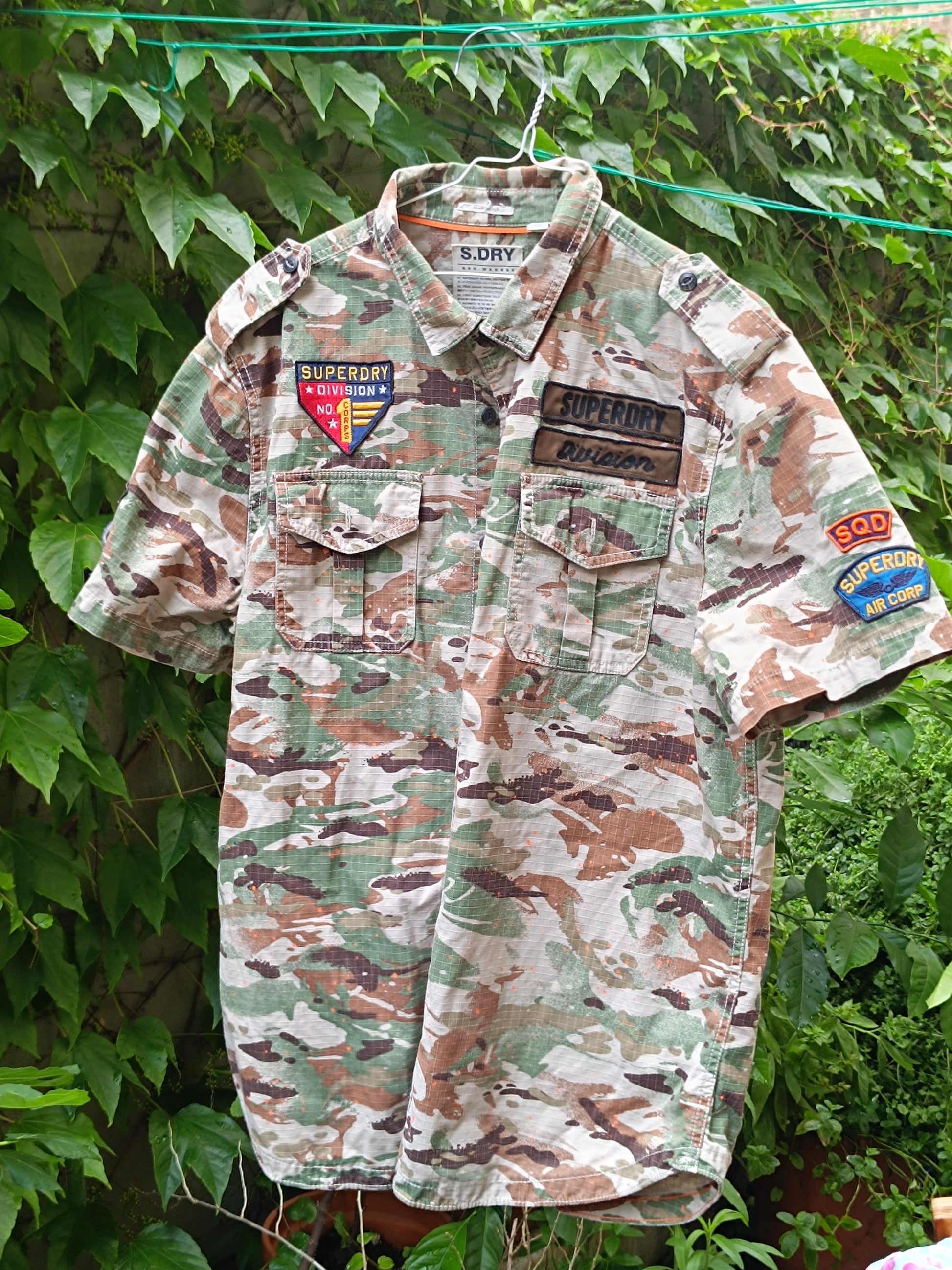 Y2k Superdry Shirt| Vintage Camouflage Print Buttoned down Shirt| Army-Inspired Light Green Mini Dress