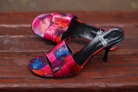 y2k Emotions Heels | Vintage Multi Colored bold Sandals| Maximalist Leather Grafitti Inspired Shoes