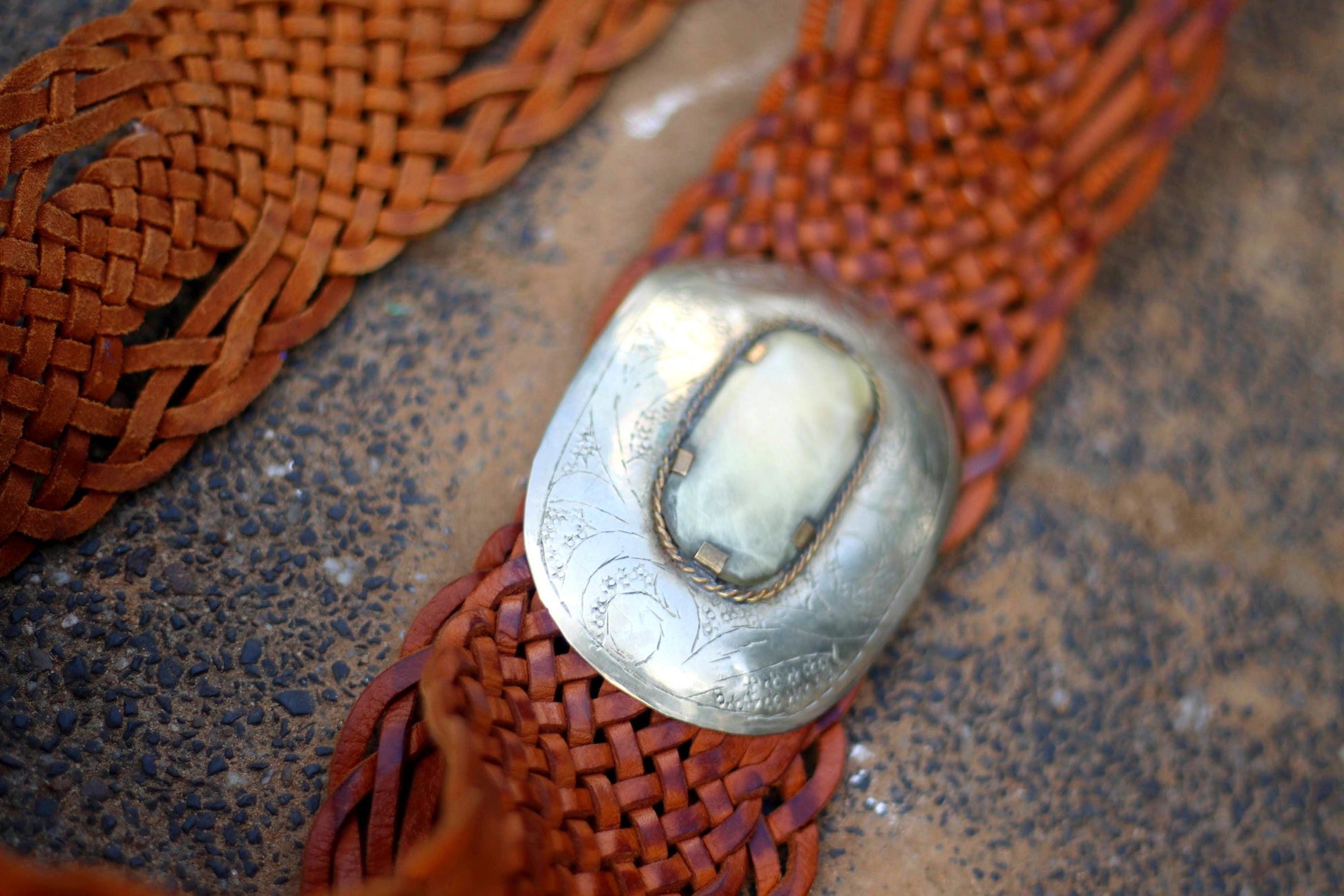 70s Leather Belt | Vintage Brown Woven Belt | Women's Silver-toned Round-Buckled Bohemian Belt