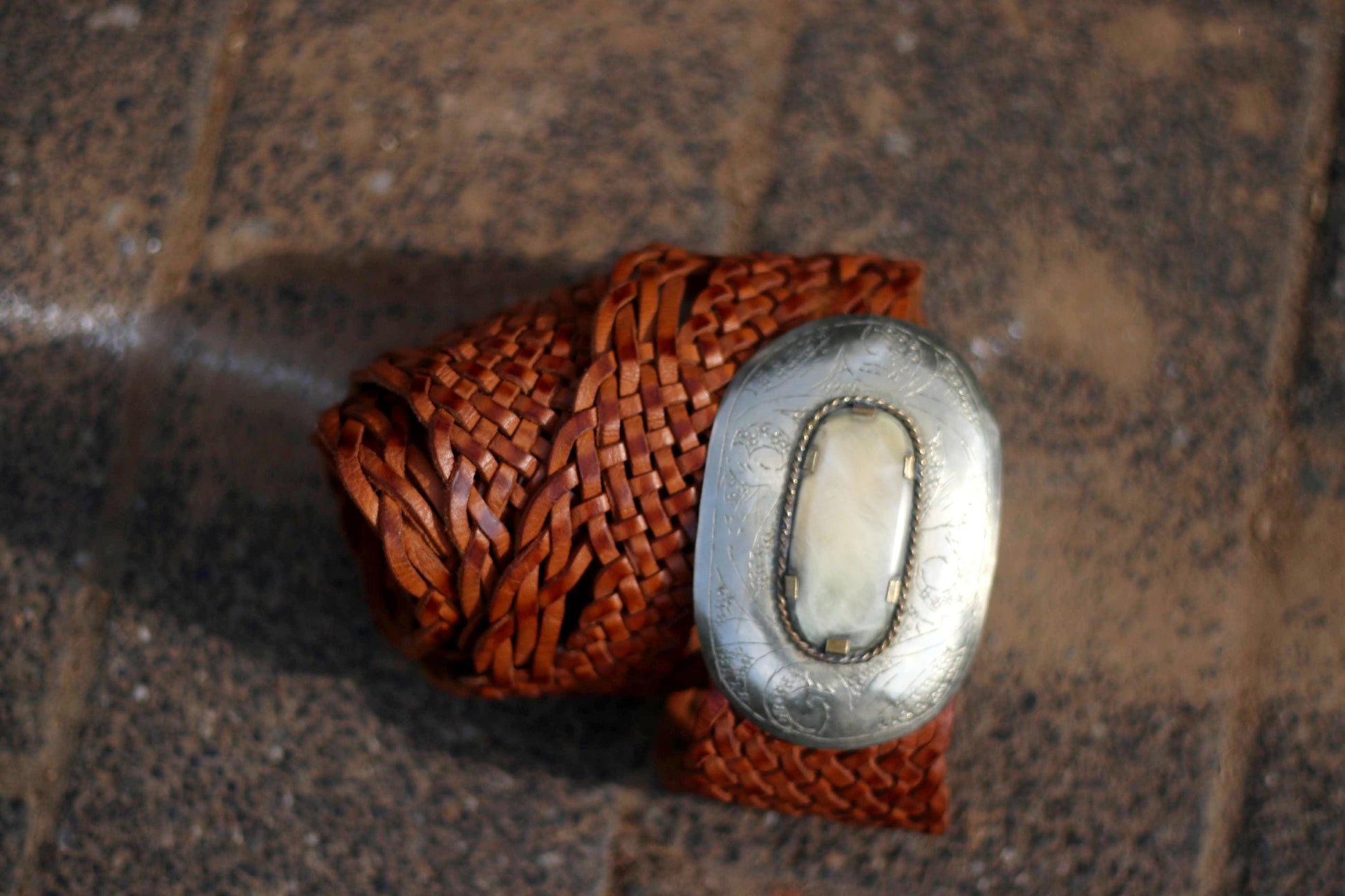 70s Leather Belt | Vintage Brown Woven Belt | Women's Silver-toned Round-Buckled Bohemian Belt