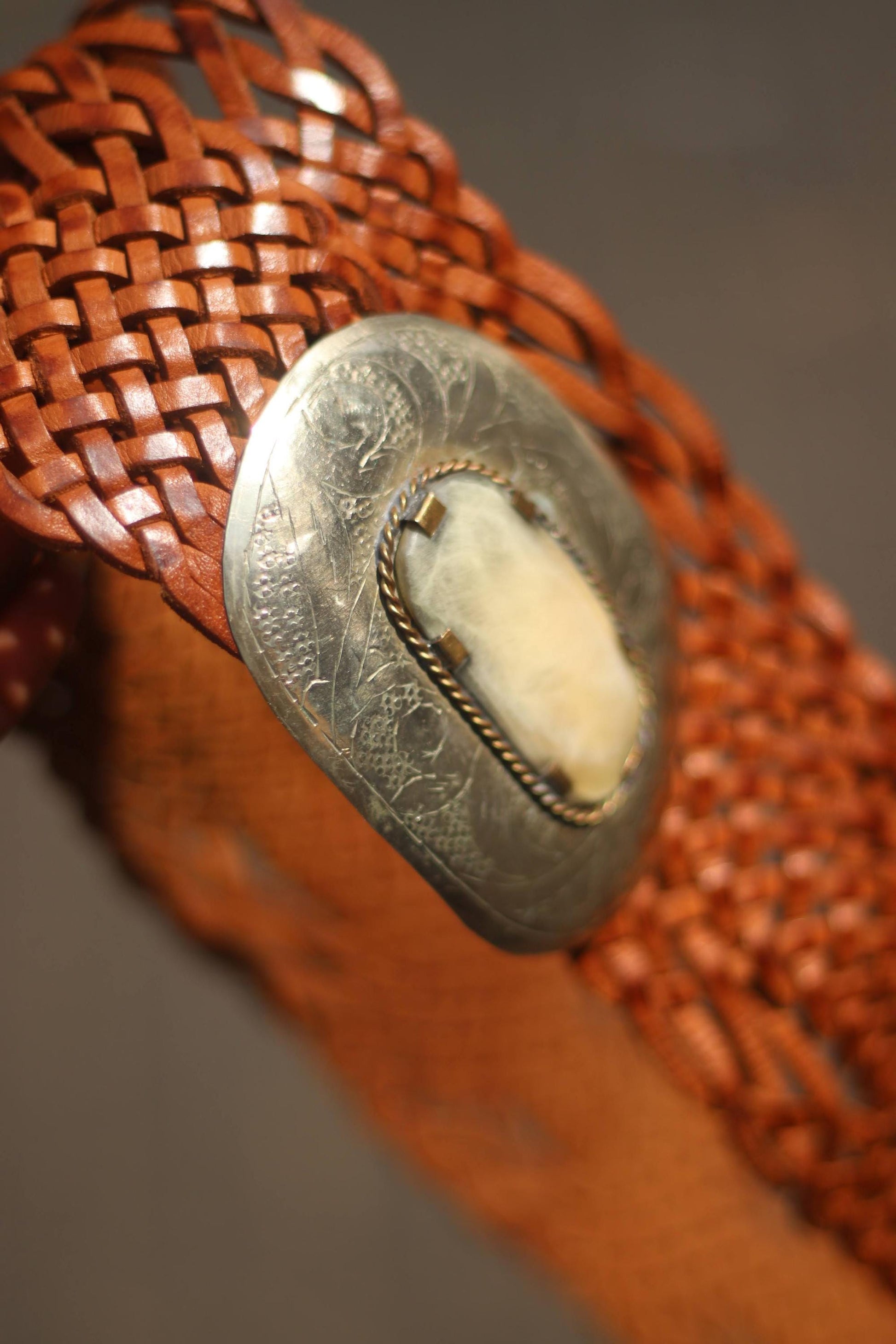 70s Leather Belt | Vintage Brown Woven Belt | Women's Silver-toned Round-Buckled Bohemian Belt