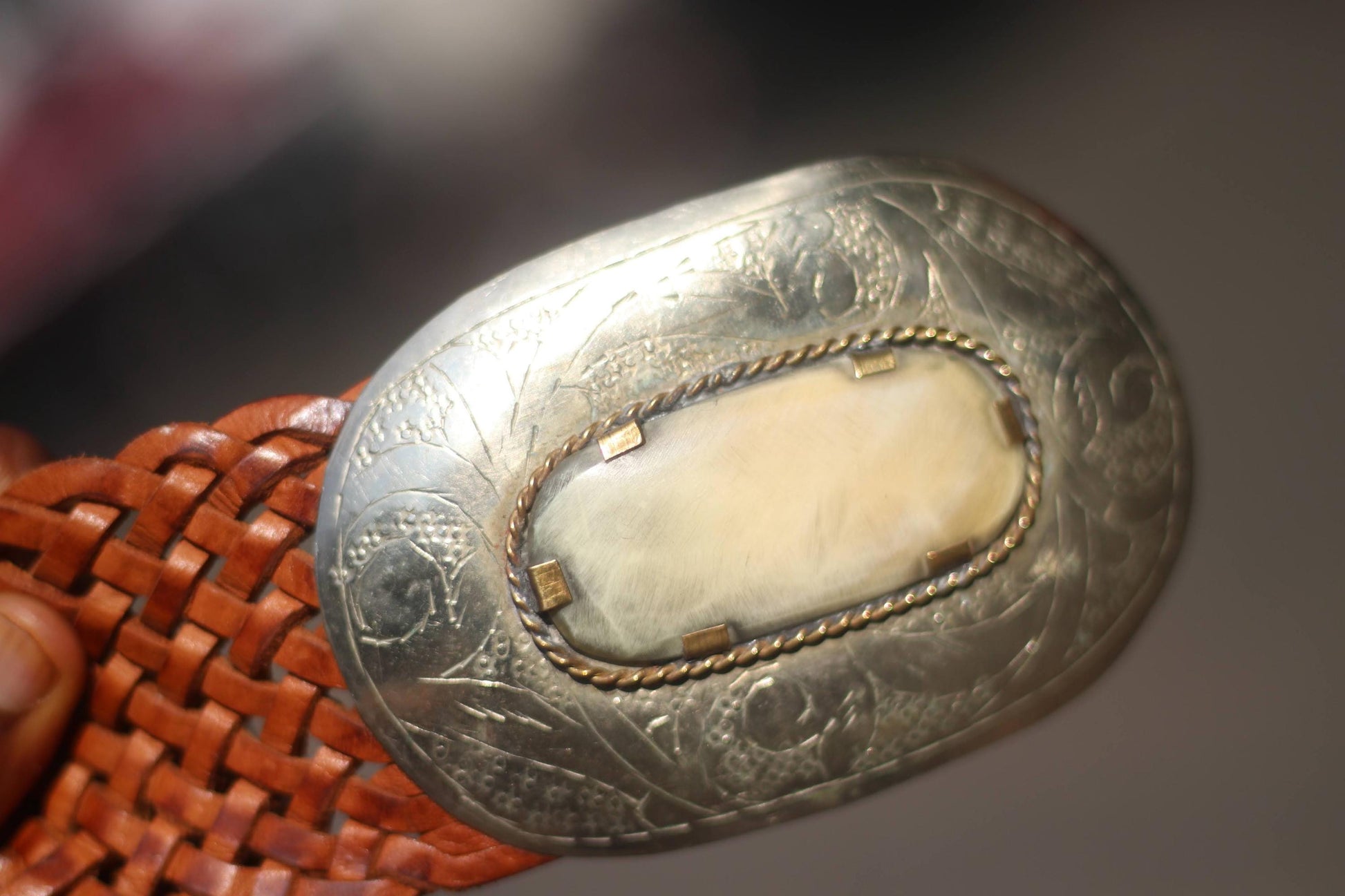 70s Leather Belt | Vintage Brown Woven Belt | Women's Silver-toned Round-Buckled Bohemian Belt
