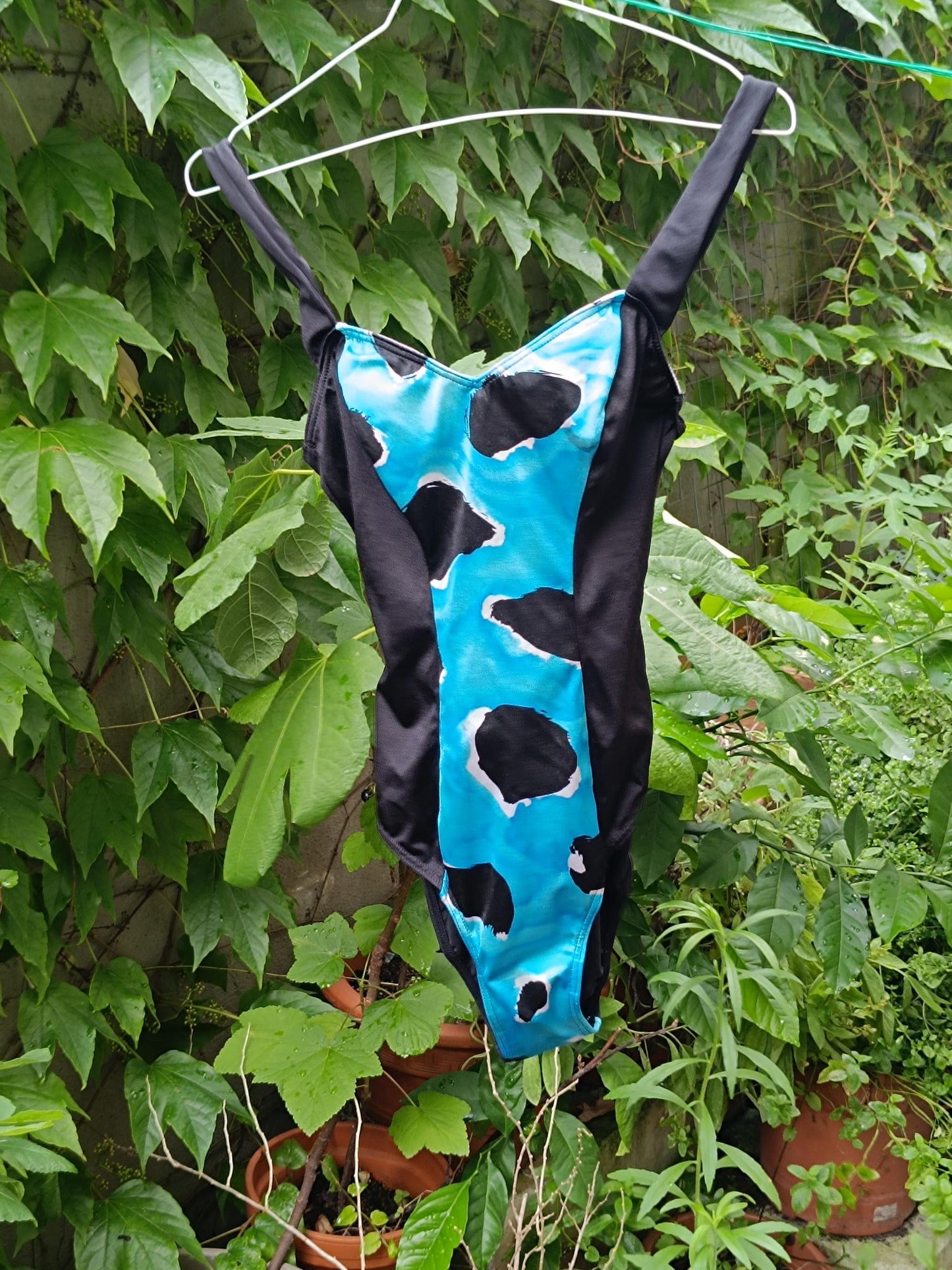 80s Vintage One Piece Swimsuit: Blue Abstract Print Beachwear
