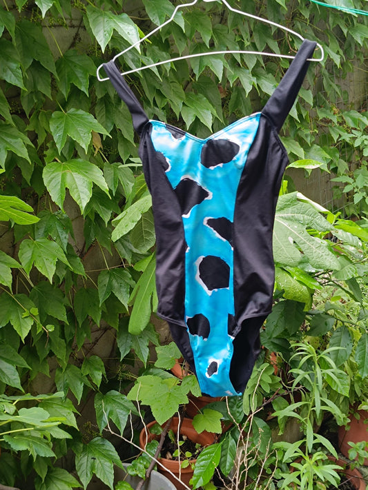80s Vintage One Piece Swimsuit: Blue Abstract Print Beachwear