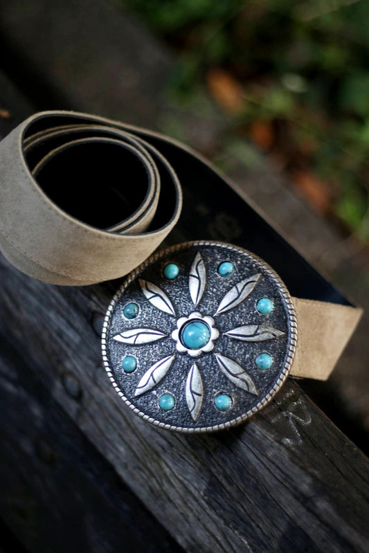 70s Cowgirl Belt| Vintage Round Buckled Suede Belt| Women's Bejeweled Belt with Studded Buckle| Americana Boho Western Inspired Accessory