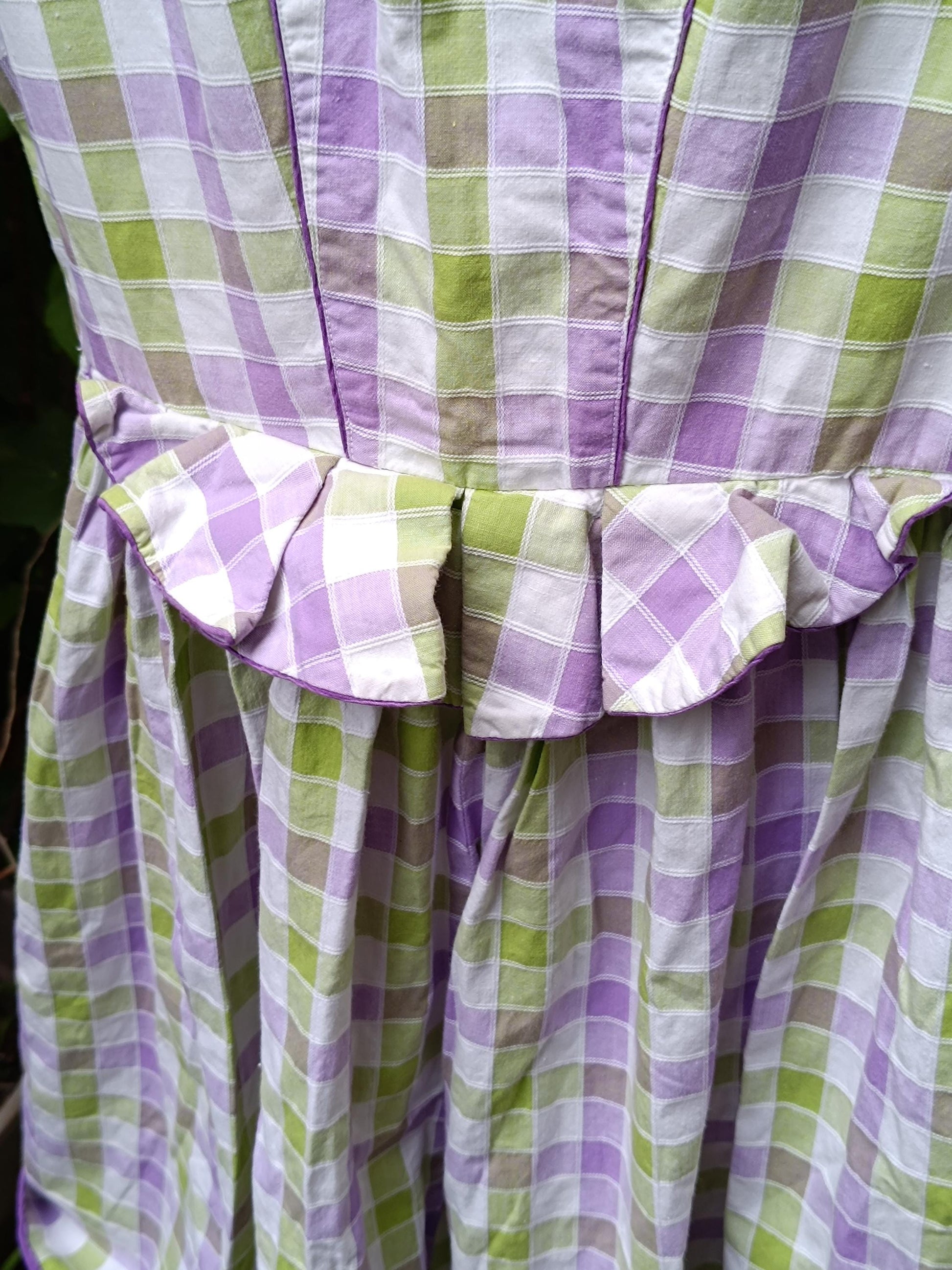 Vintage Gingham Fit and Flare Dress: Purple Green Check Cotton Summer Style