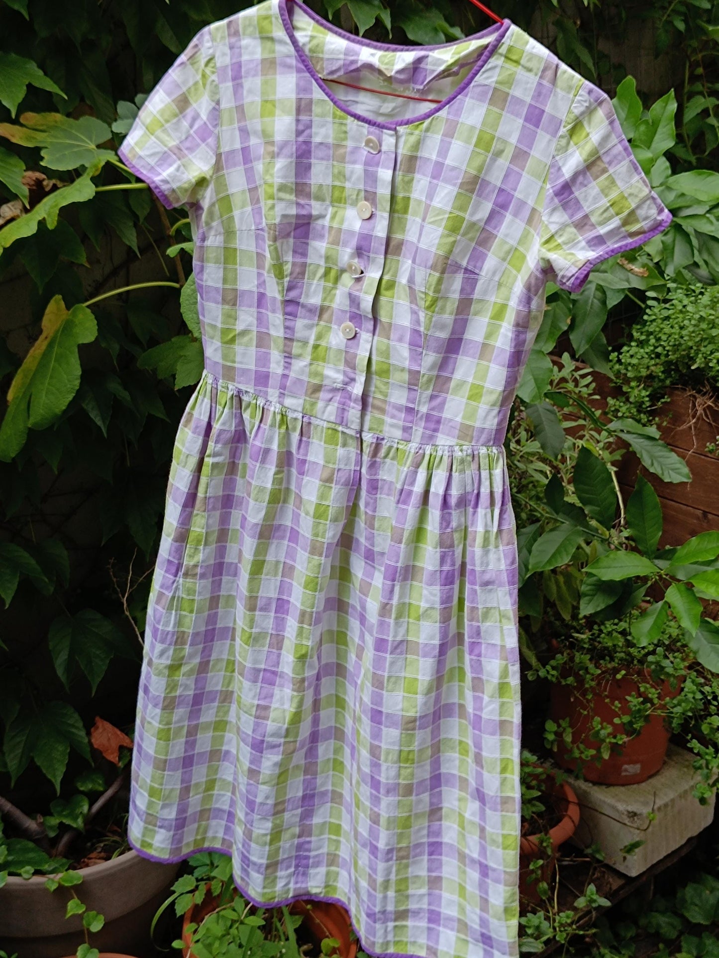 Vintage Gingham Fit and Flare Dress: Purple Green Check Cotton Summer Style