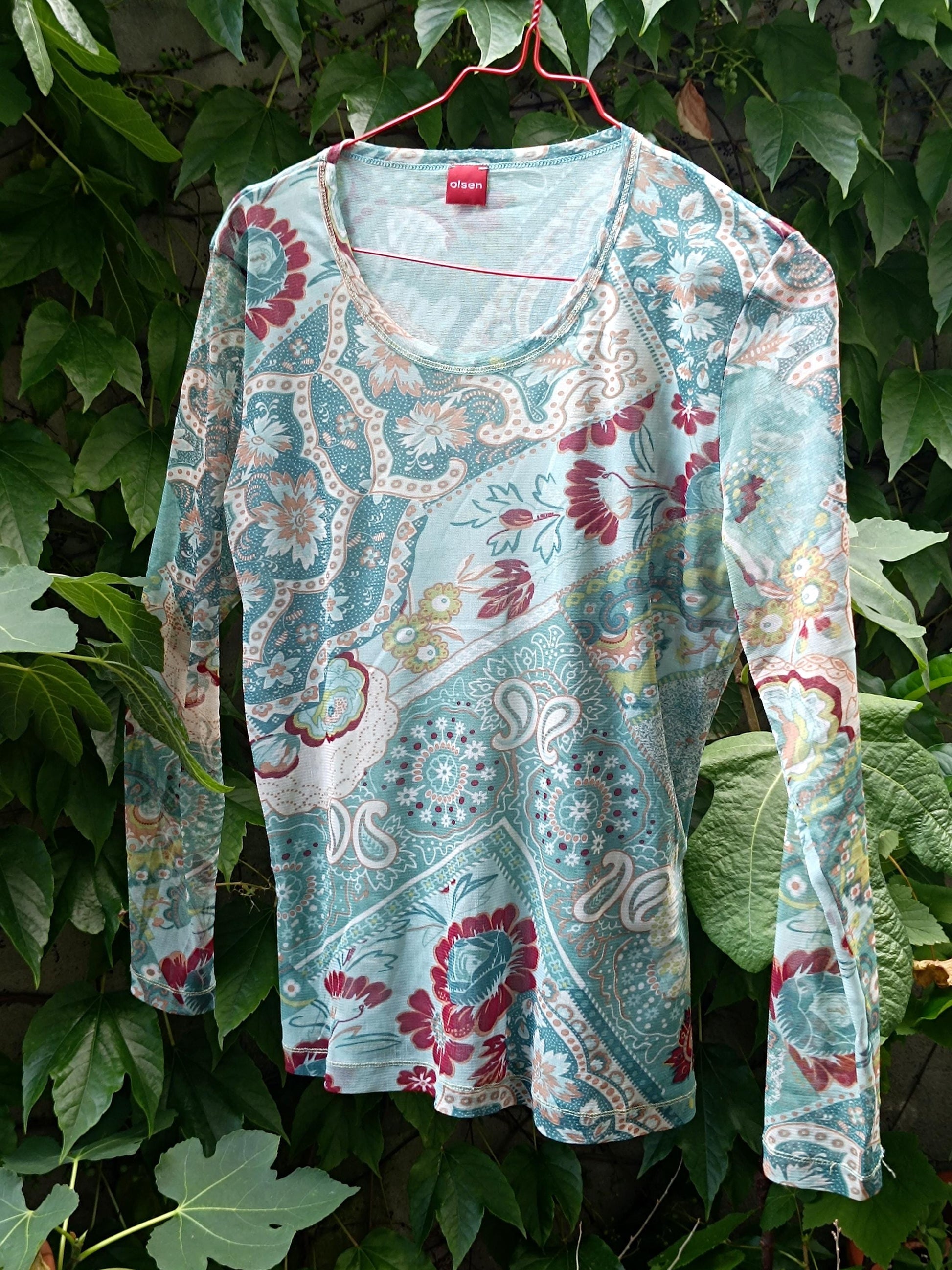 y2k Floral Top| Vintage Olsen Women's Maximalist Blouse | Turquoise Blouse