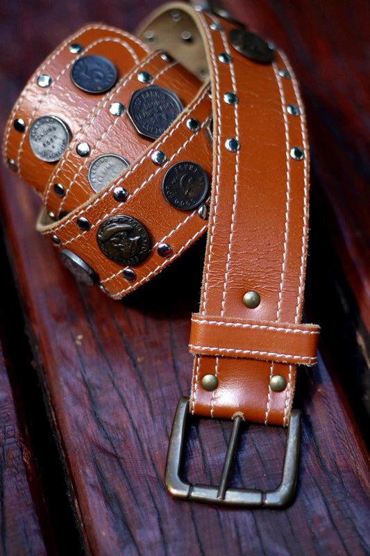 70s Leather Belt with Coin Detail| Vintage Unisex Brown Cowgirl belt| Maximalist Belt