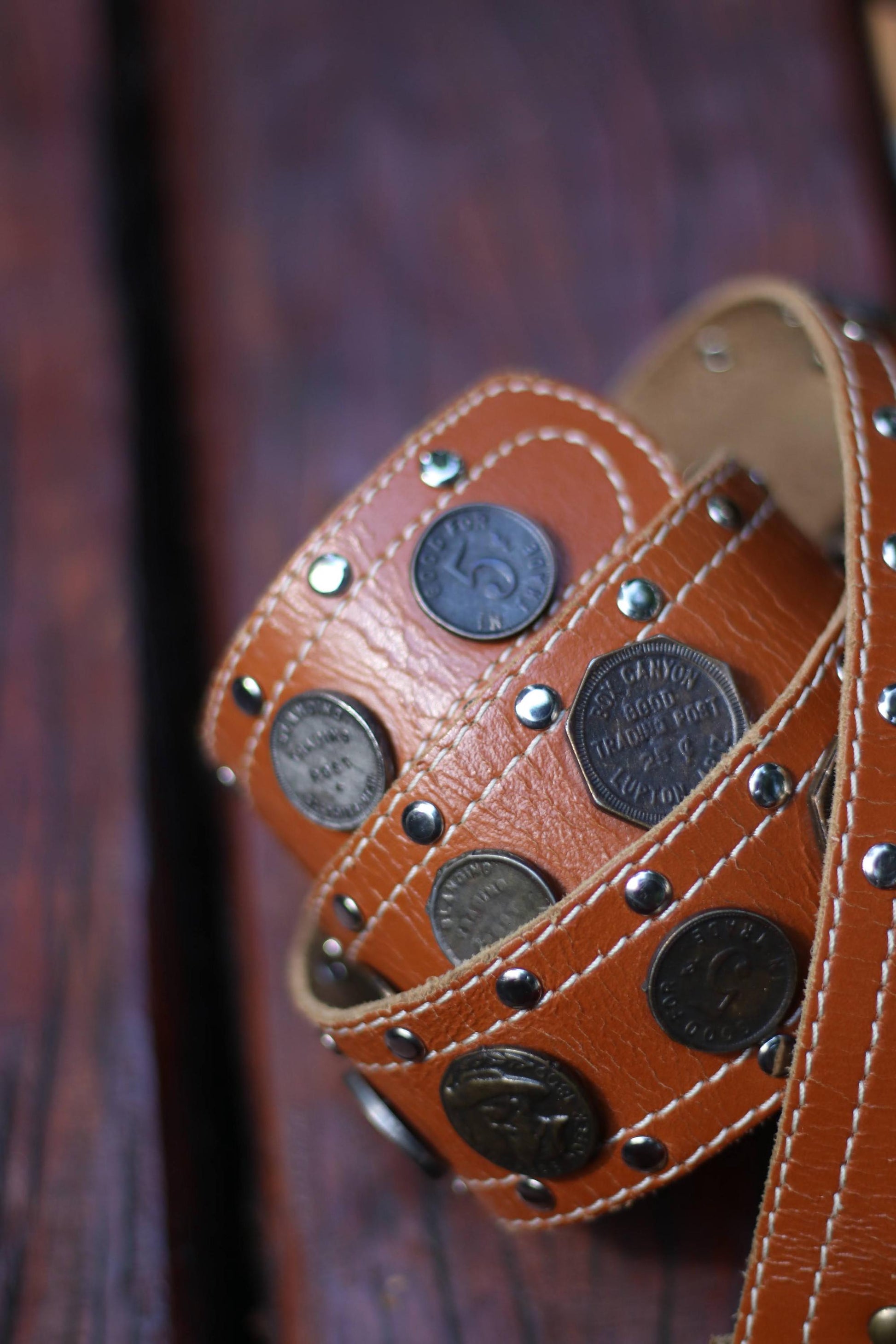 70s Leather Belt with Coin Detail| Vintage Unisex Brown Cowgirl belt| Maximalist Belt