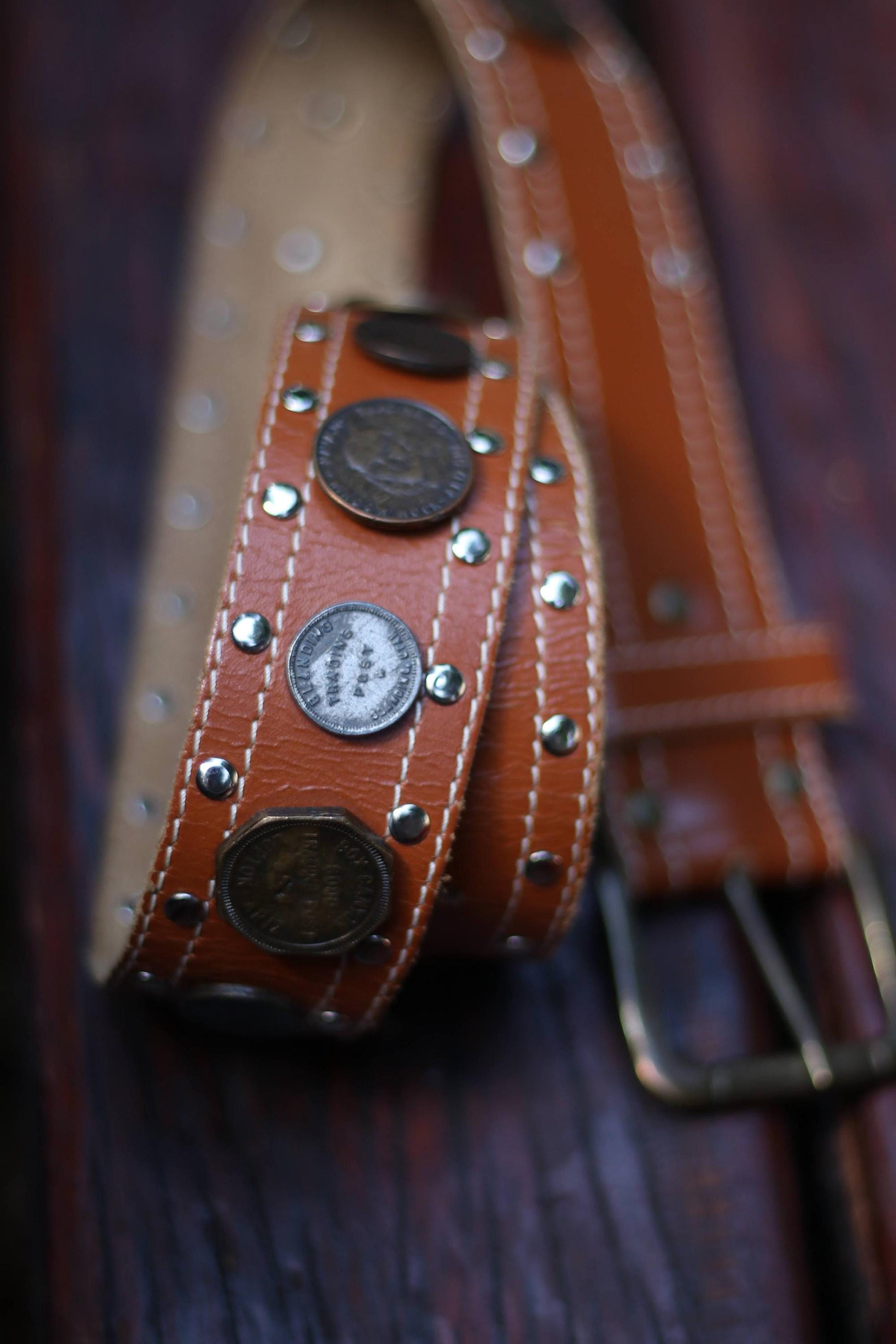 70s Leather Belt with Coin Detail| Vintage Unisex Brown Cowgirl belt| Maximalist Belt