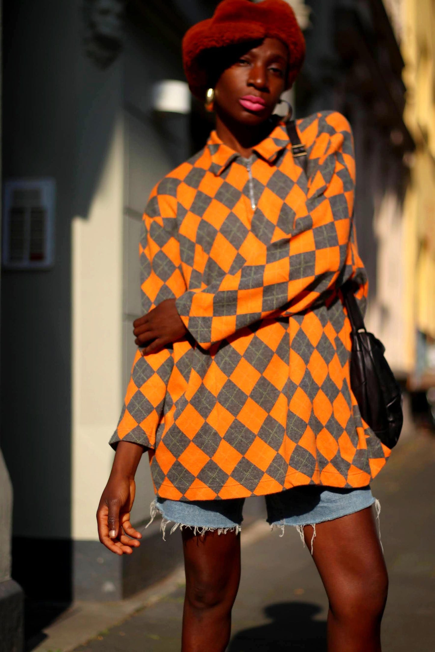 90s Argyle Print Sweatshirt| Vintage Flou Orange Sweatshirt| Women's Plaid Long Sleeved Sweater