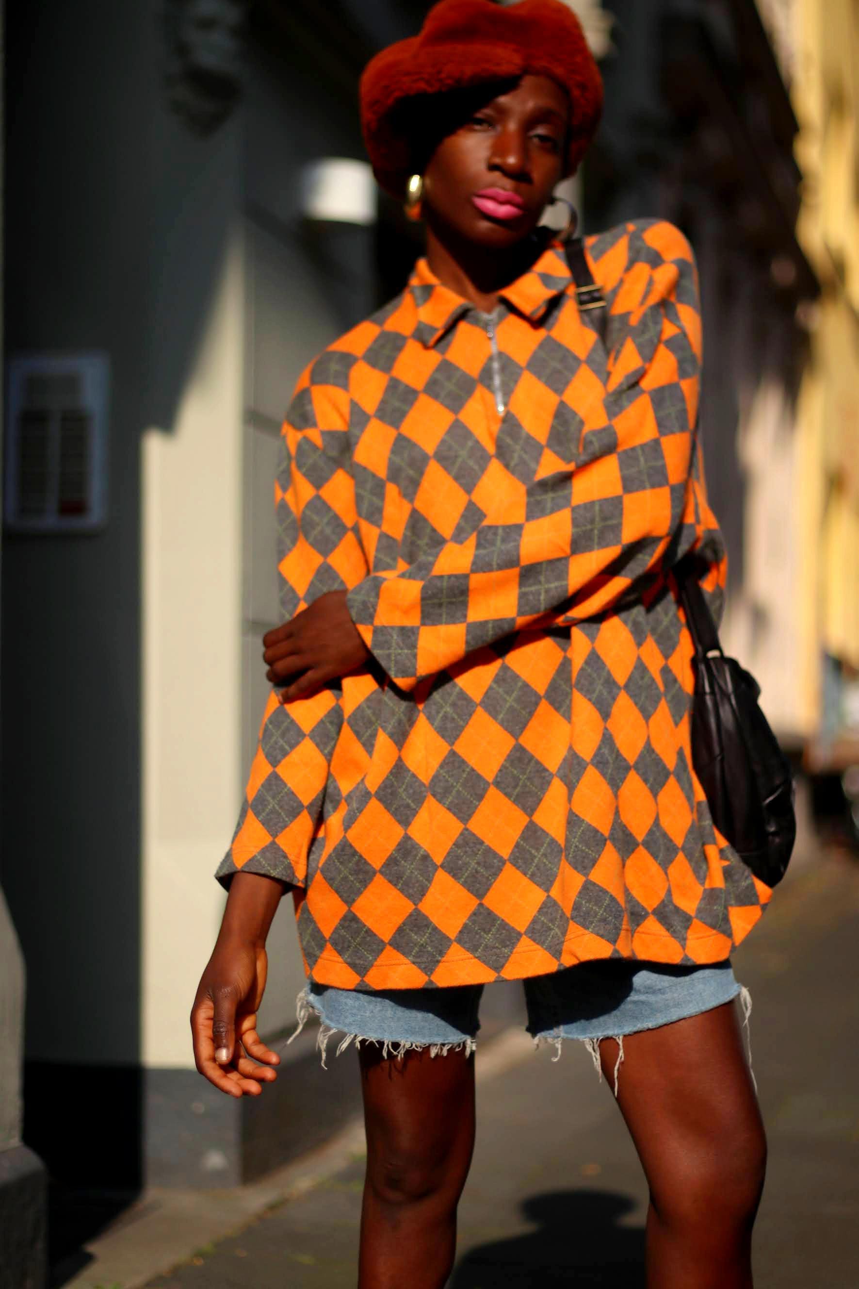 90s Argyle Print Sweatshirt| Vintage Flou Orange Sweatshirt| Women's Plaid Long Sleeved Sweater