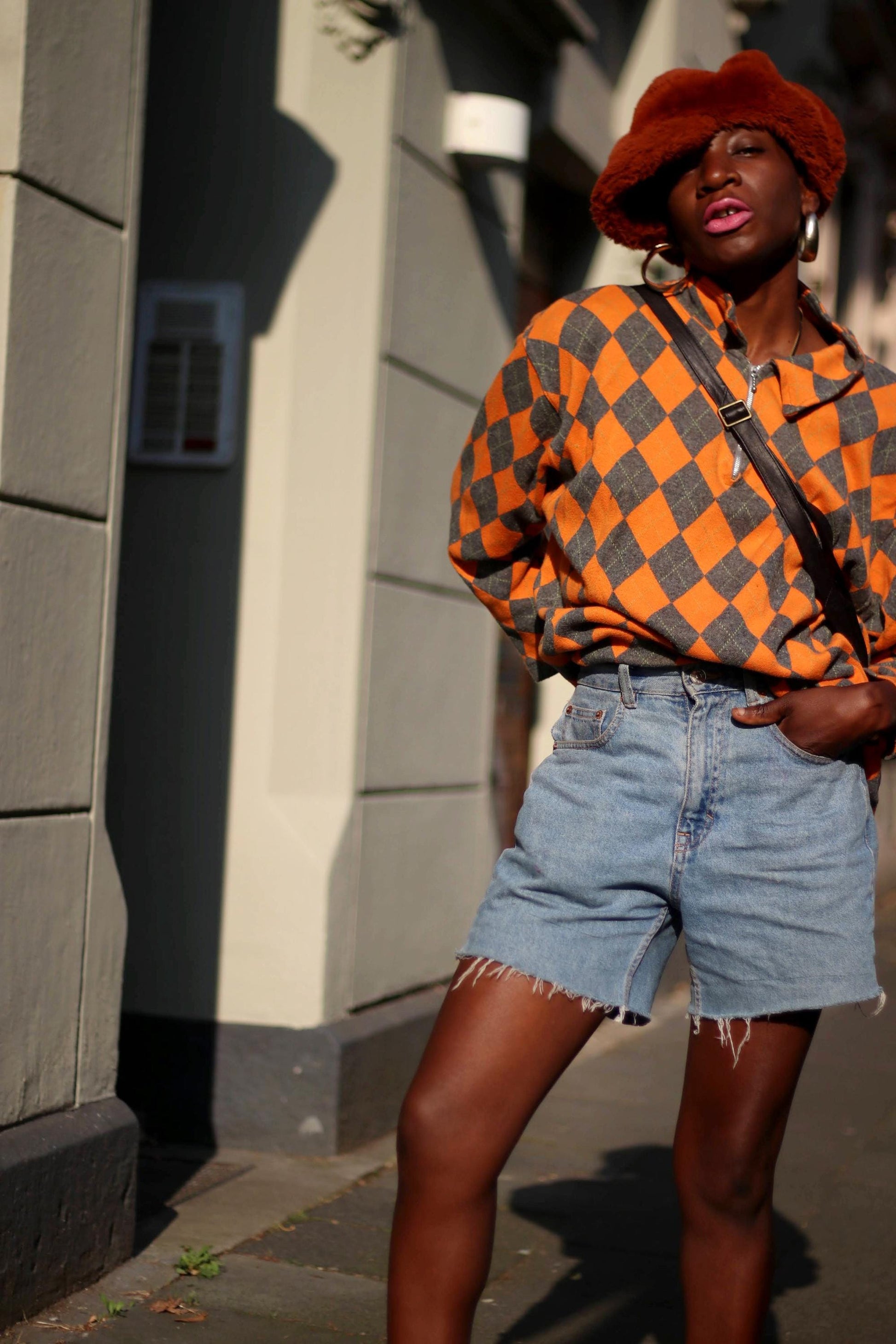 90s Argyle Print Sweatshirt| Vintage Flou Orange Sweatshirt| Women's Plaid Long Sleeved Sweater