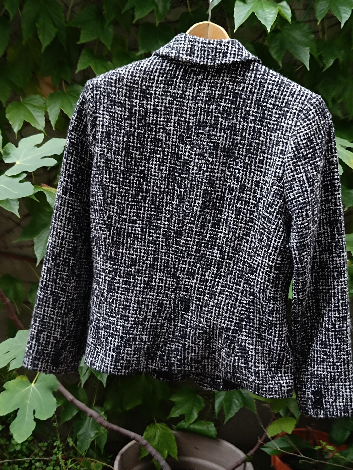 Vintage Textured Tweed Blazer Black White Bouclé Jacket Collared Knit Coat Size 12
