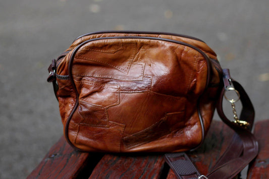 70s Leather Patchwork Bag| Women's Compact Vintage Leather Shoulder Bag| Brown Bohemian Handbag