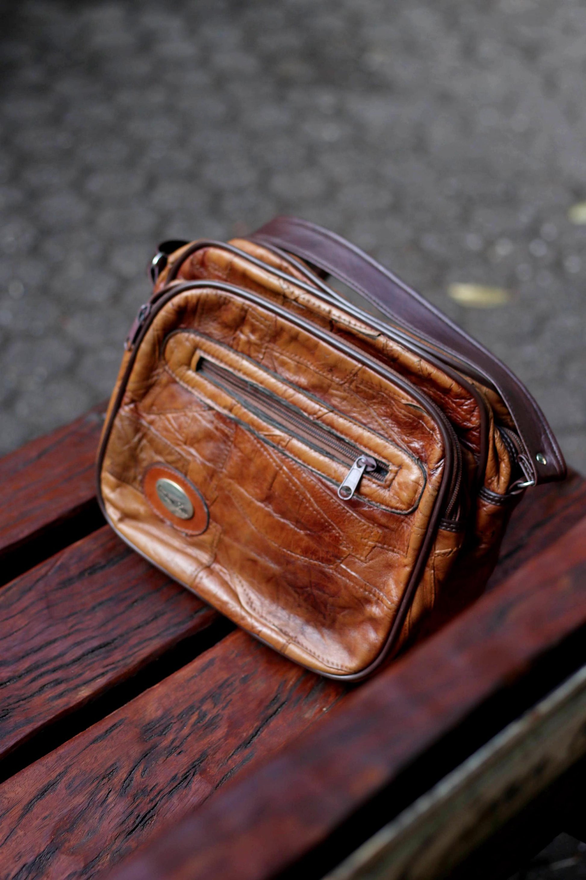 70s Leather Patchwork Bag| Women's Compact Vintage Leather Shoulder Bag| Brown Bohemian Handbag