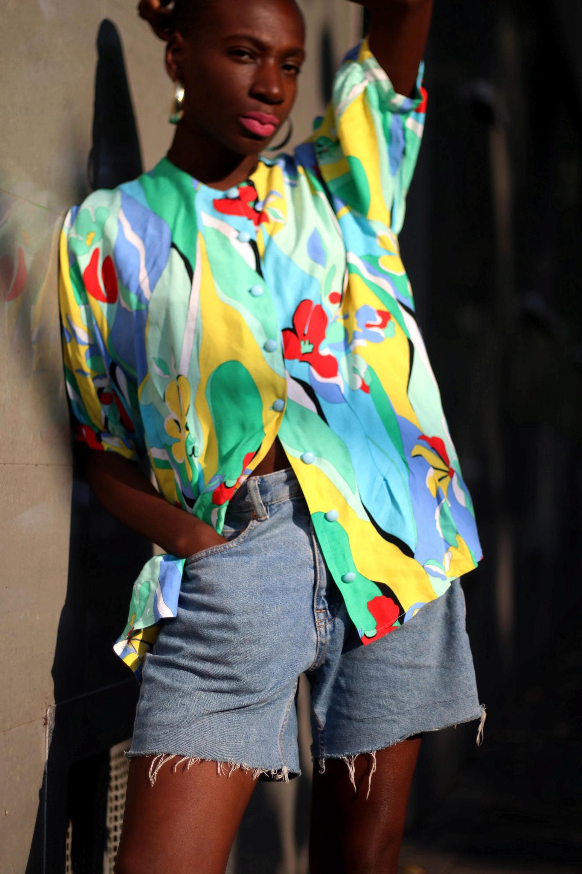 80 Floral Print Blouse| Vintage Handmade Blue Blouse| Women's Maximalist Crazy Print Shirt