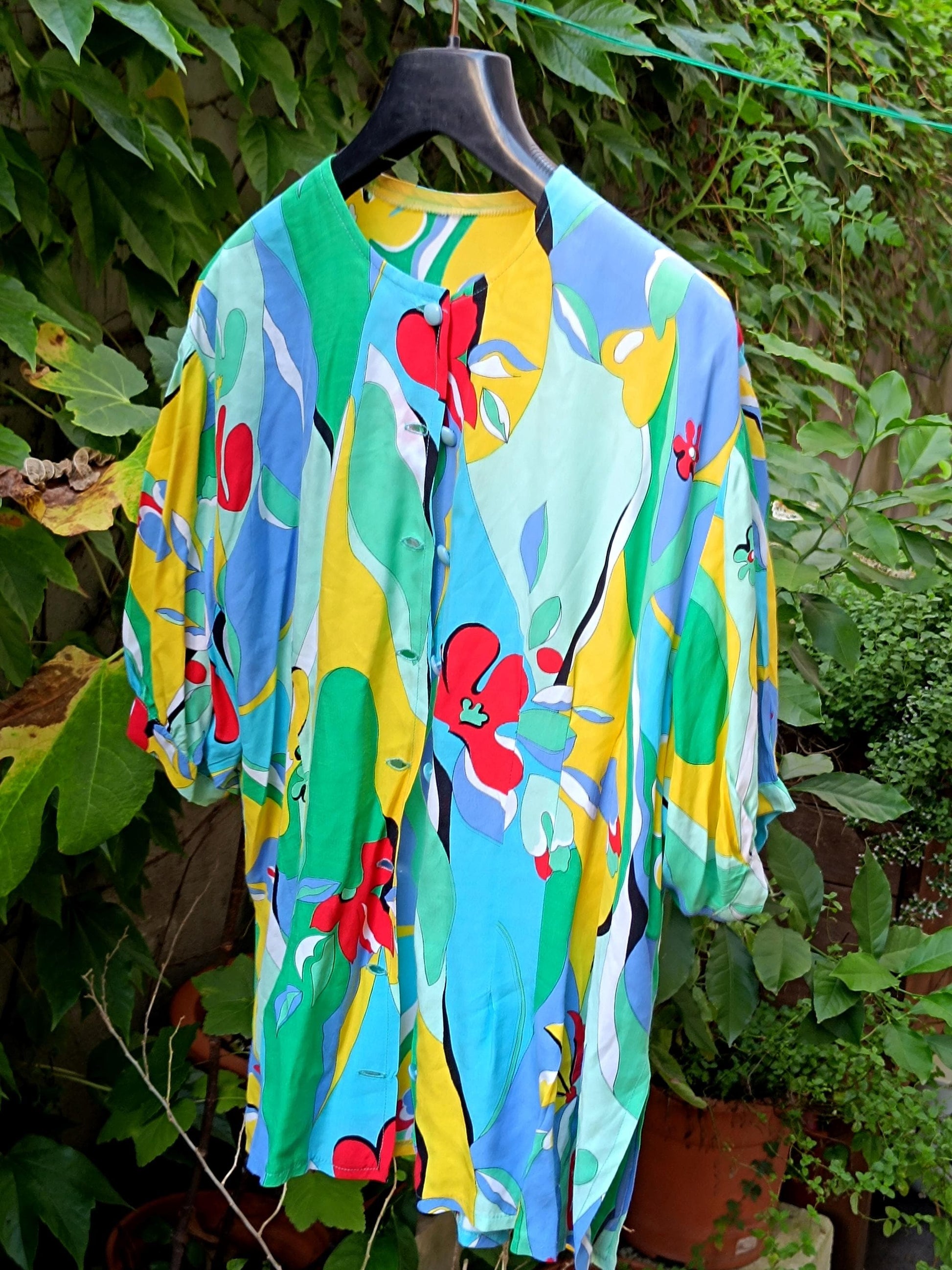 80 Floral Print Blouse| Vintage Handmade Blue Blouse| Women's Maximalist Crazy Print Shirt