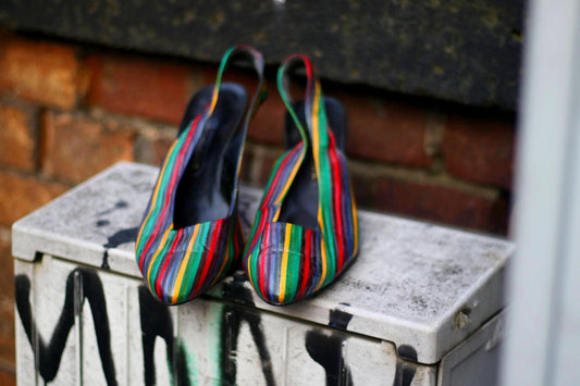80s Rampendal Heels | Vintage Leather Multi-Colored Pointed Toe Pumps| Maximalist Red and Green Statement Shoes