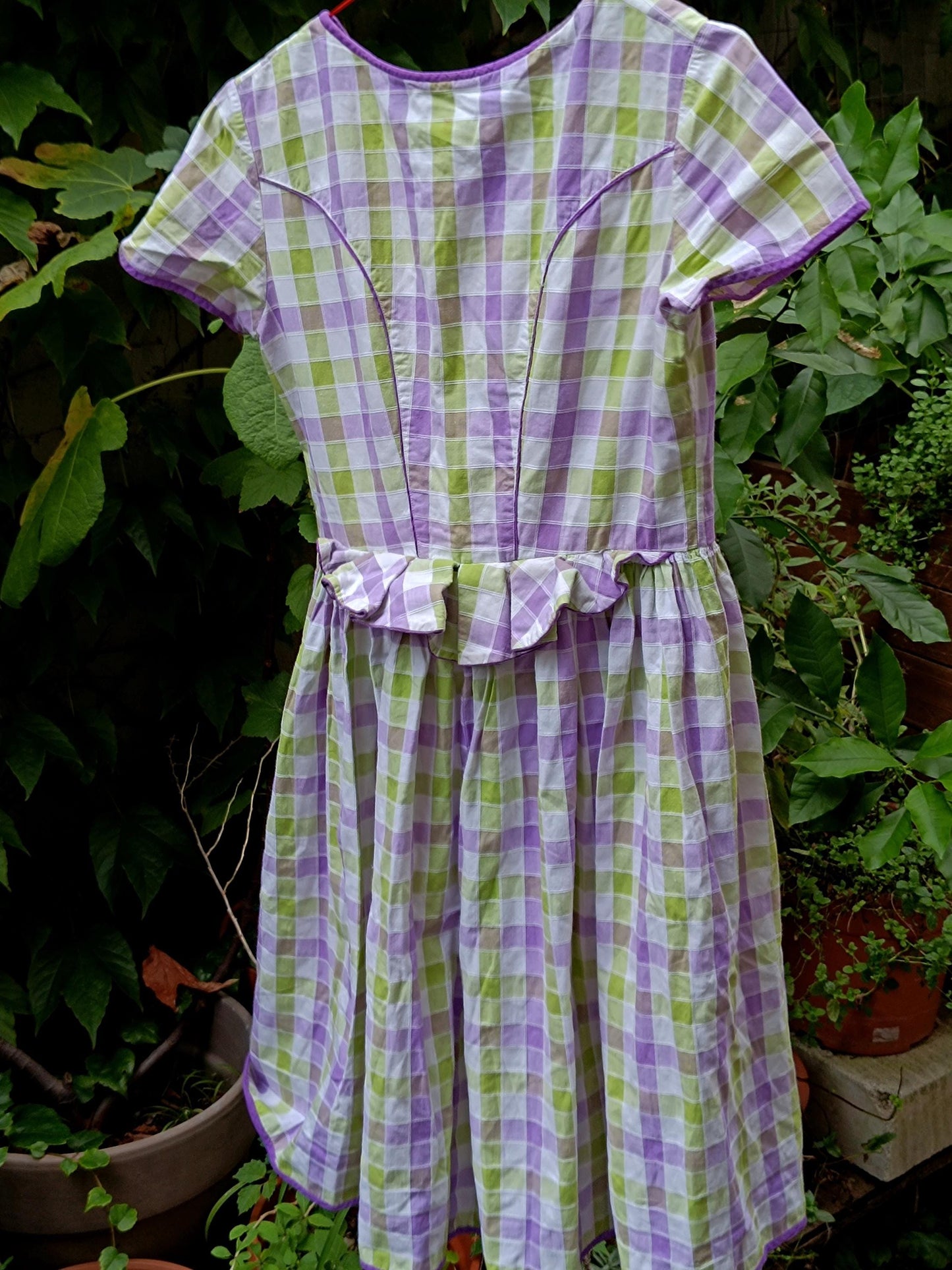 Vintage Gingham Fit and Flare Dress: Purple Green Check Cotton Summer Style