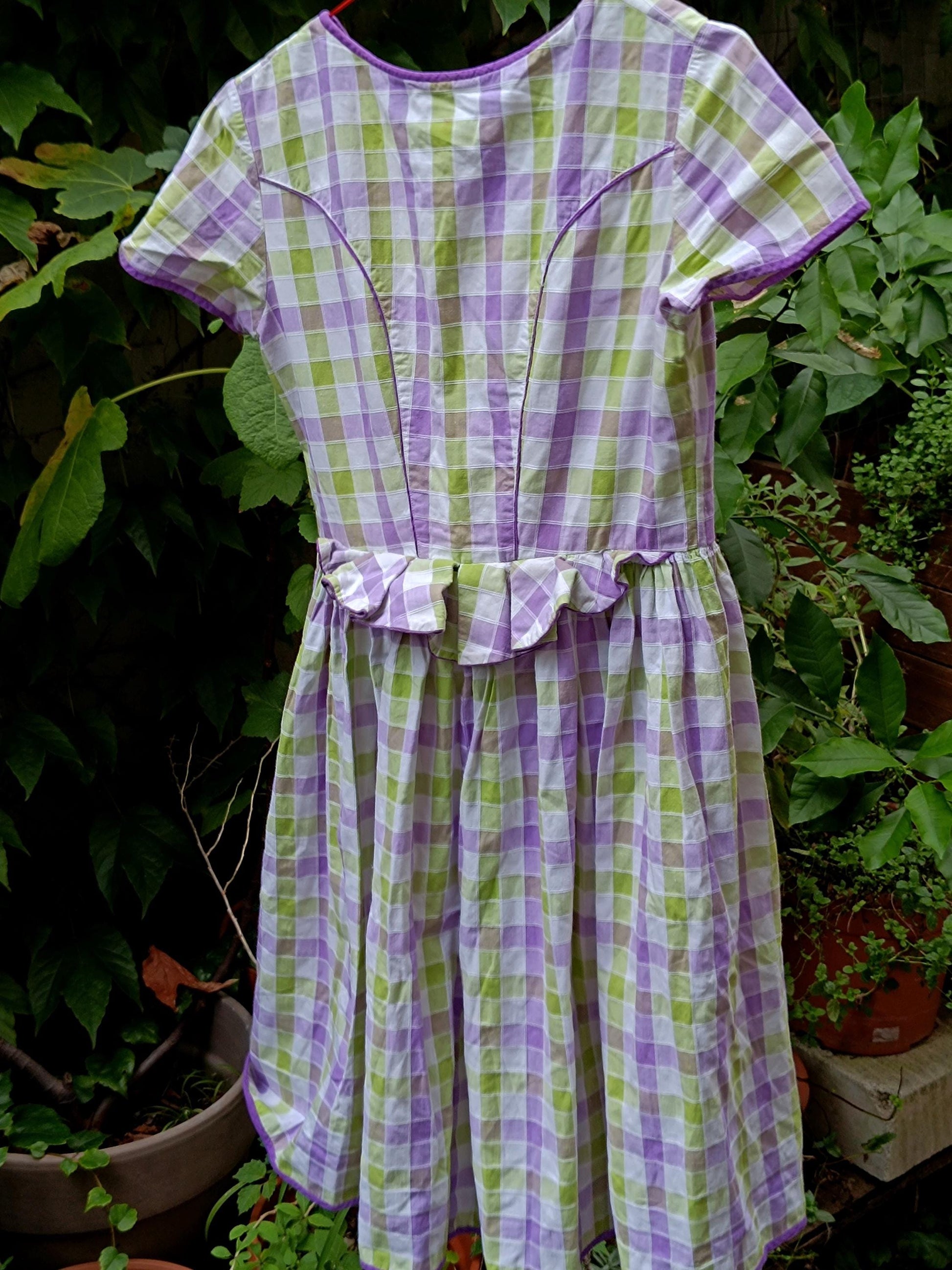 Vintage Gingham Fit and Flare Dress: Purple Green Check Cotton Summer Style