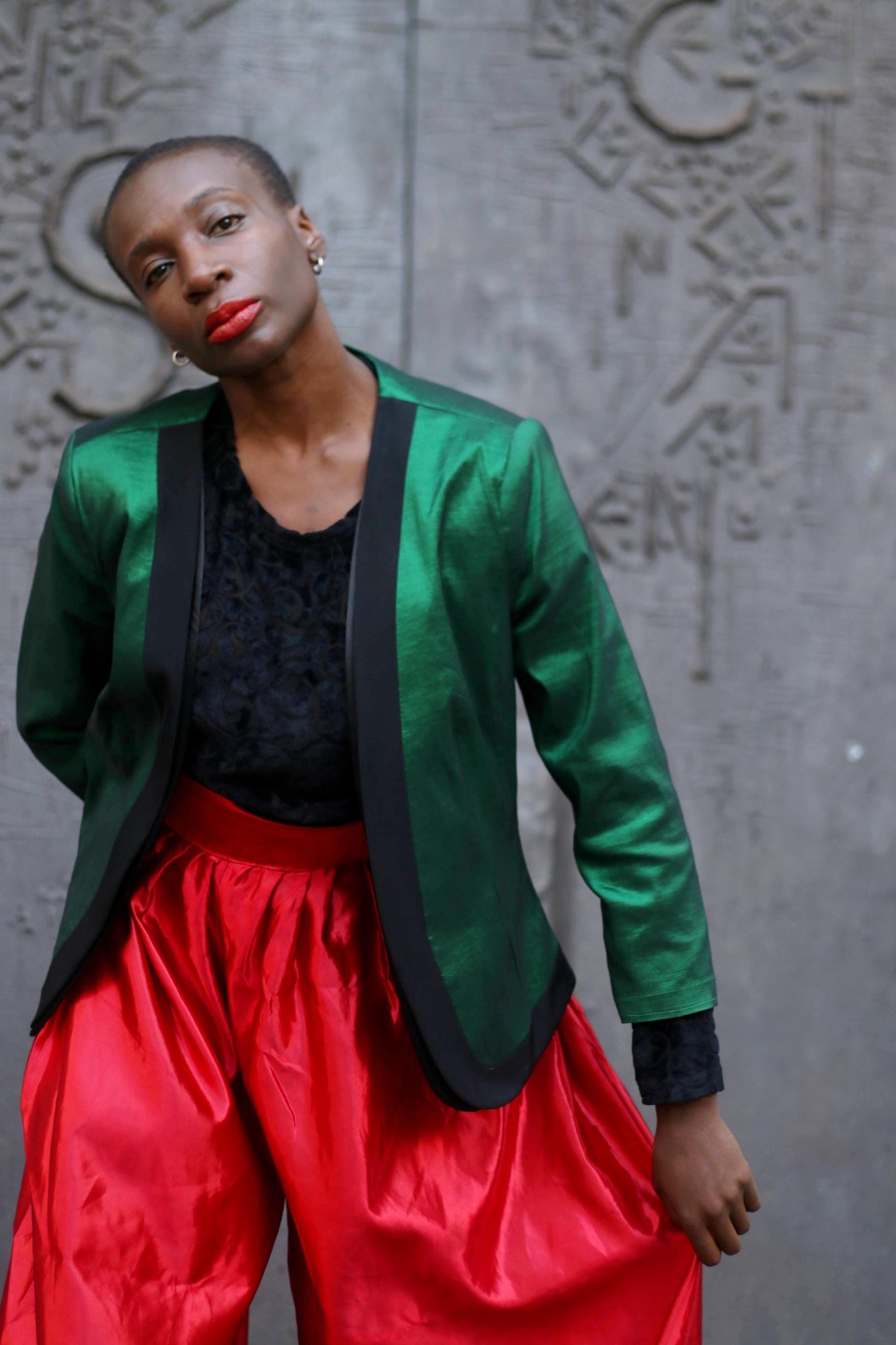 Alba Mode Green Jacket| Vintage Tuxedo inspired blazer with black lapels| Evening Shimmery Jacket