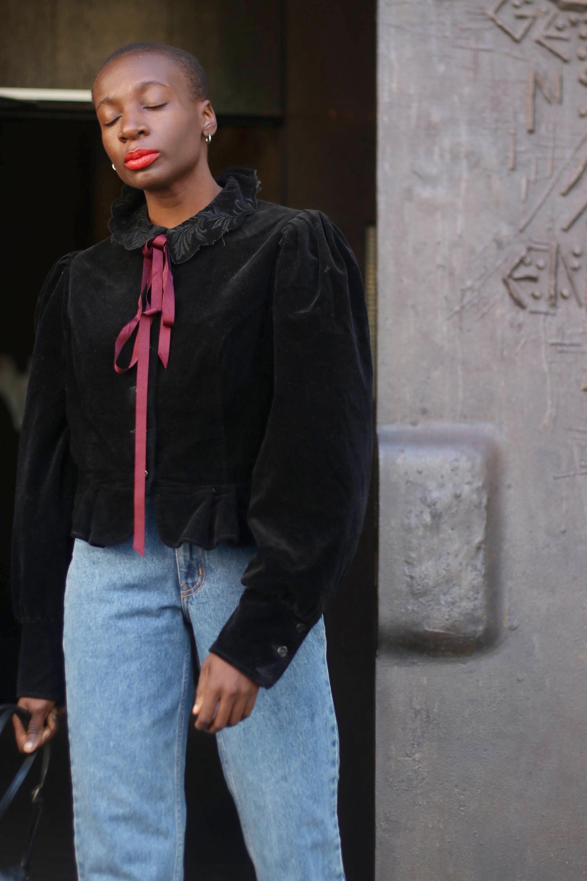 80s Austrian-Inspired Blouse With Statement Collar | Vintage Gothic Black Long-sleeved Blazer| Handmade Opulent Buttoned down Shirt