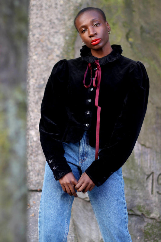 80s Austrian-Inspired Blouse With Statement Collar | Vintage Gothic Black Long-sleeved Blazer| Handmade Opulent Buttoned down Shirt