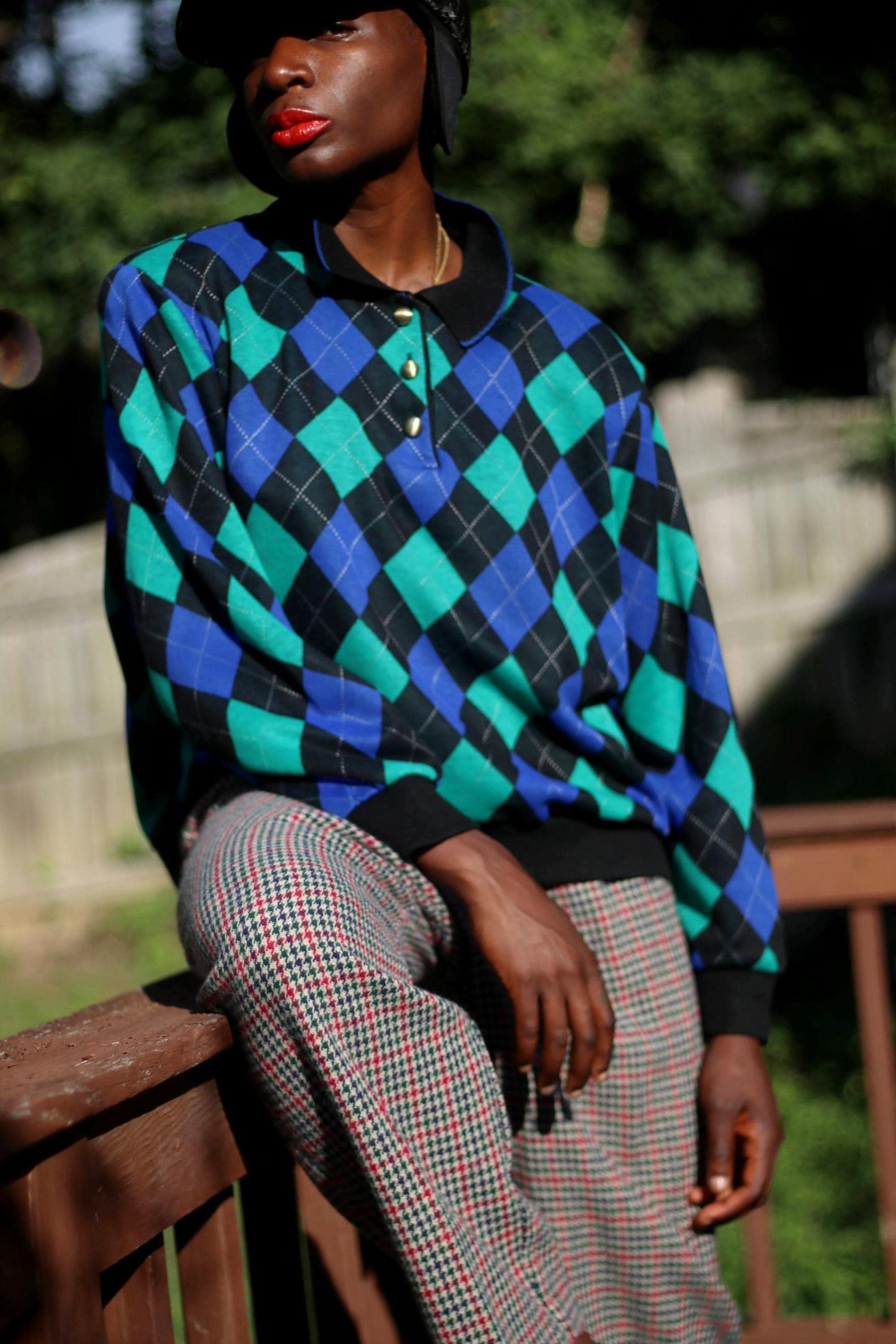 80s Alfred Dunner Sweater | Vintage Argyle Print Knit| Women's Checkered Long-Sleeved Fall Knit| Preppy Chic Blue Jumper