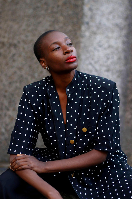 Louis Féraud Polka Dotted Blazer| 80s Women's Oversized Black and White Duster with Pockets| Vintage Black and White long Shirt