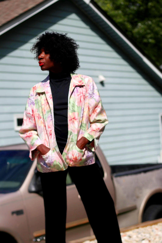 Alfred Dunner Floral Blazer| 80s Pink Opulent Blazer| Vintage Feminine Evening Jacket